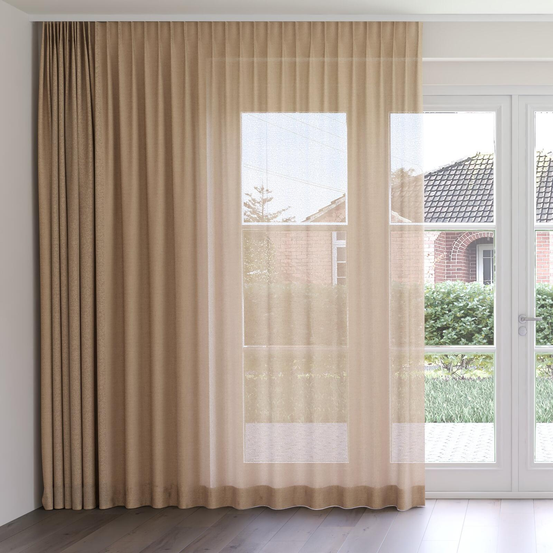Front view of Revel Caramel, on curtain rail