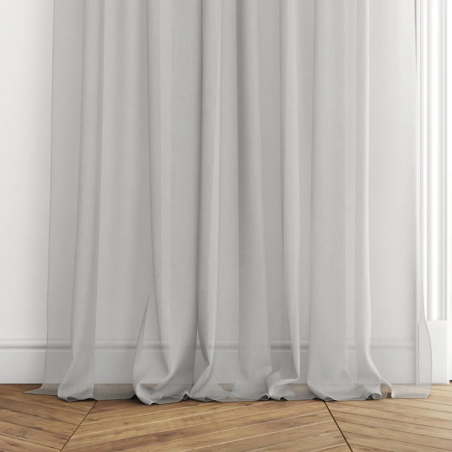 Bottom view of Distill Shadow, puddled with pinch pleat, on curtain rod