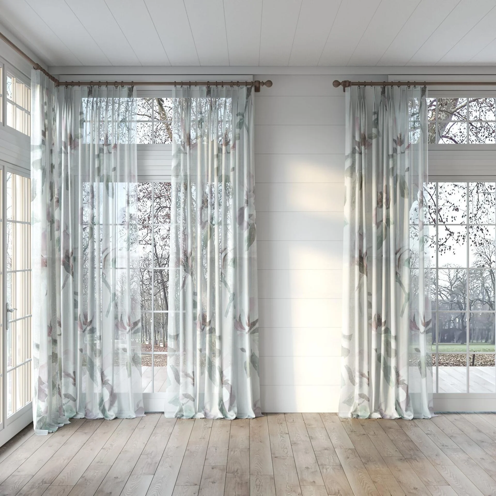 Full view of Magnolia Grande Sheer Amethyst, puddled, on curtain rod