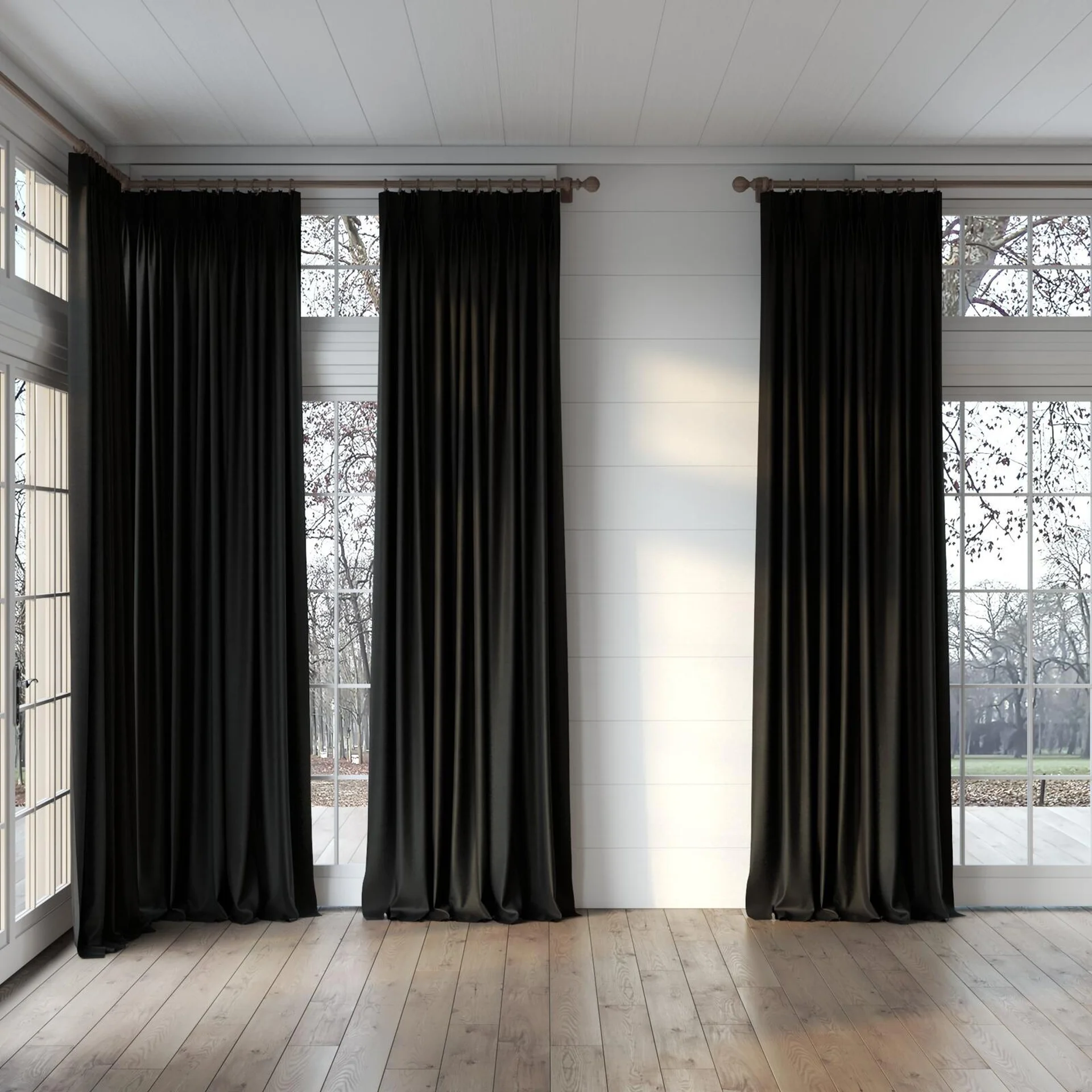Full view of Drama Onyx, puddled, on curtain rod