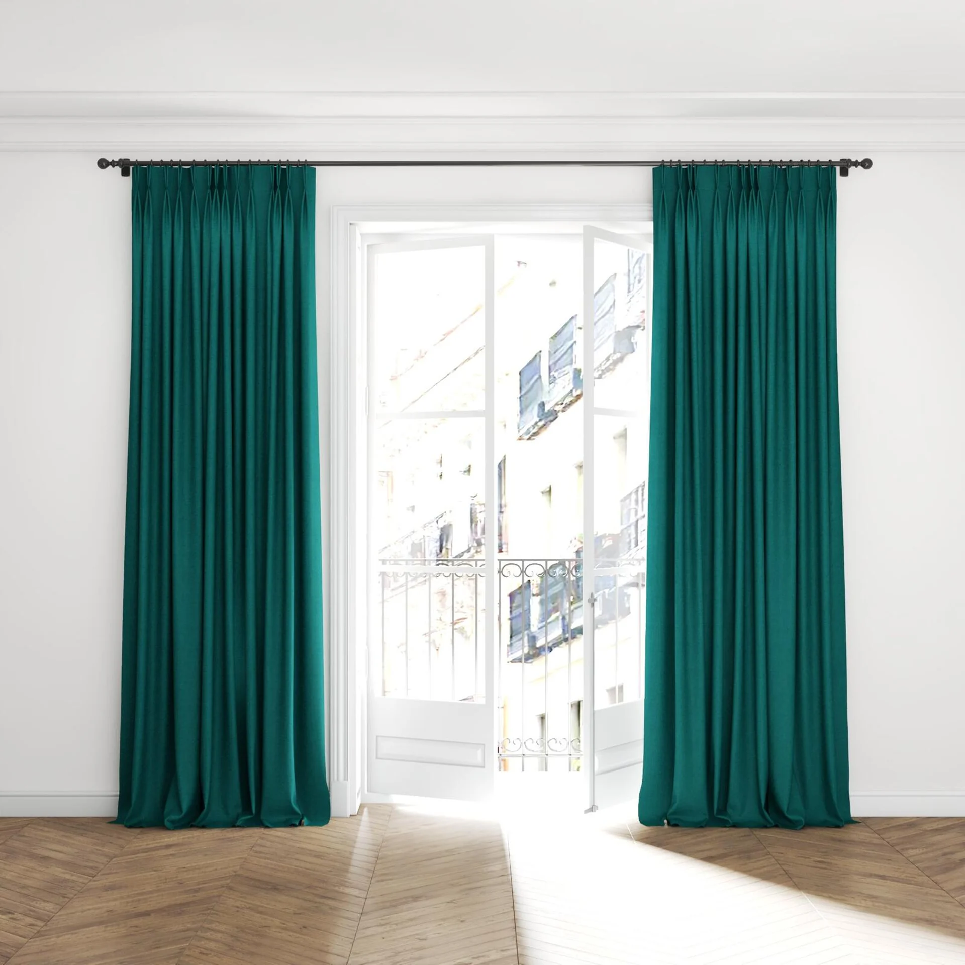 Full view of Rover Teal, puddled with pinch pleat, on curtain rod