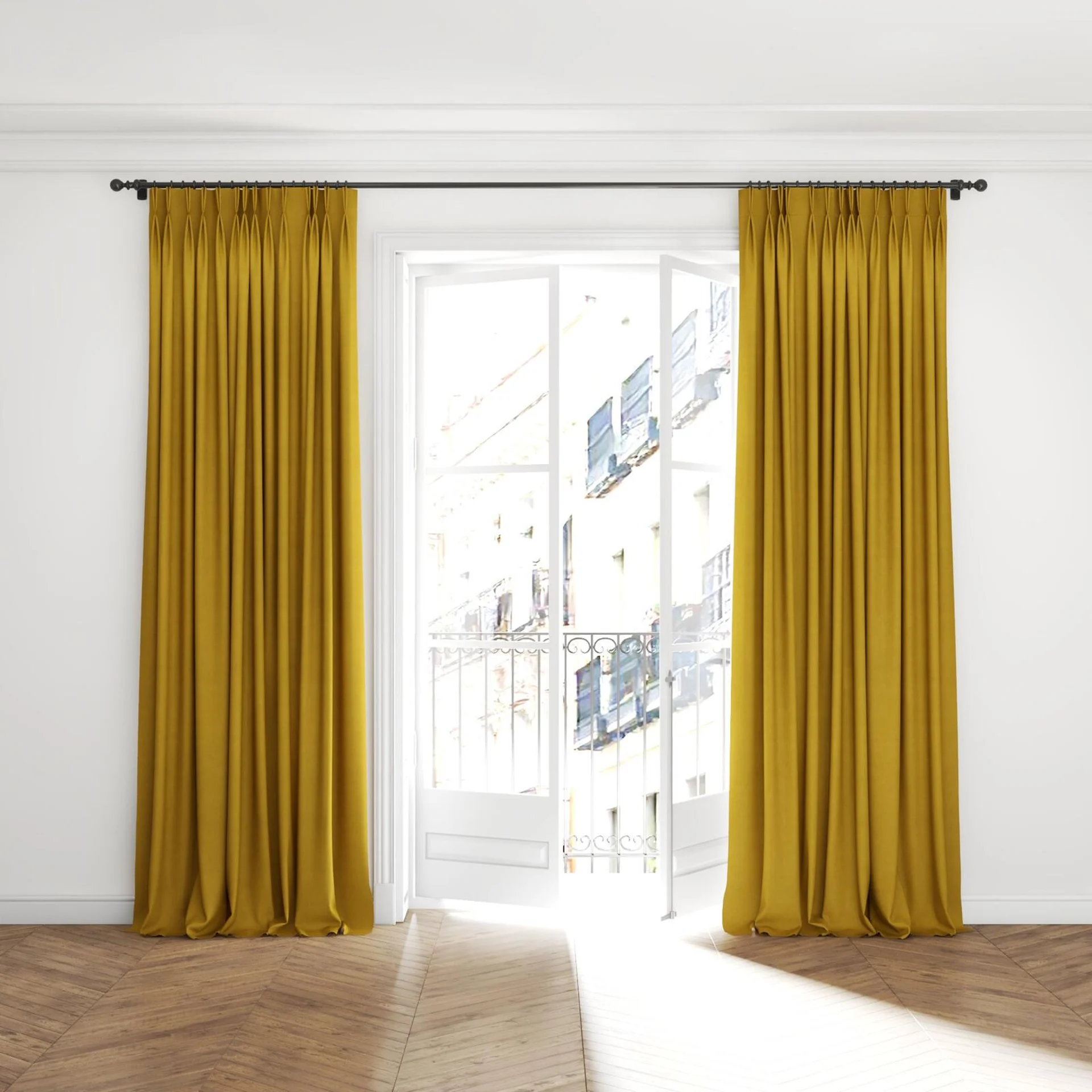 Full view of Lech Mustard, puddled with pinch pleat, on curtain rod