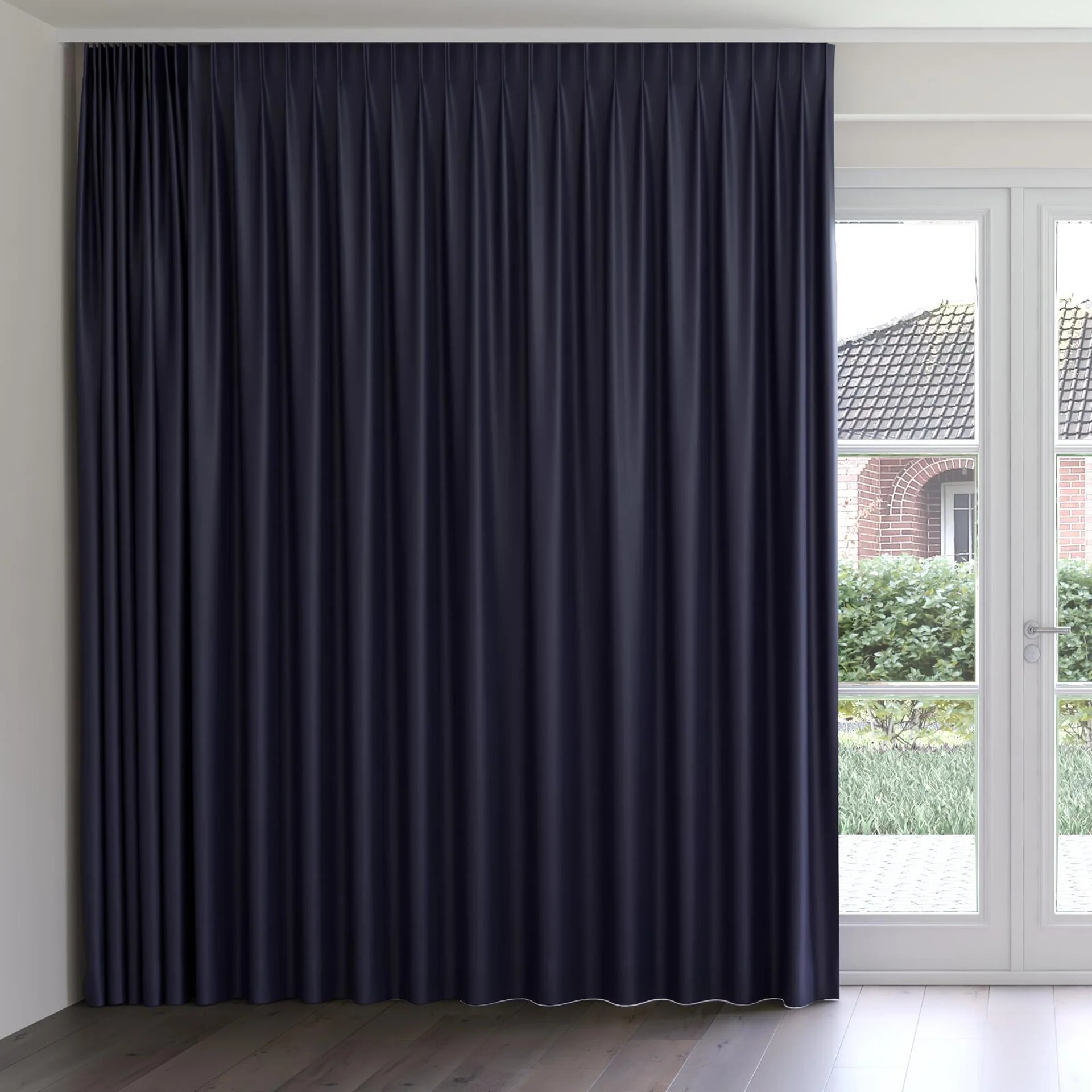 Front view of Ultra Dim Midnight, on curtain rail