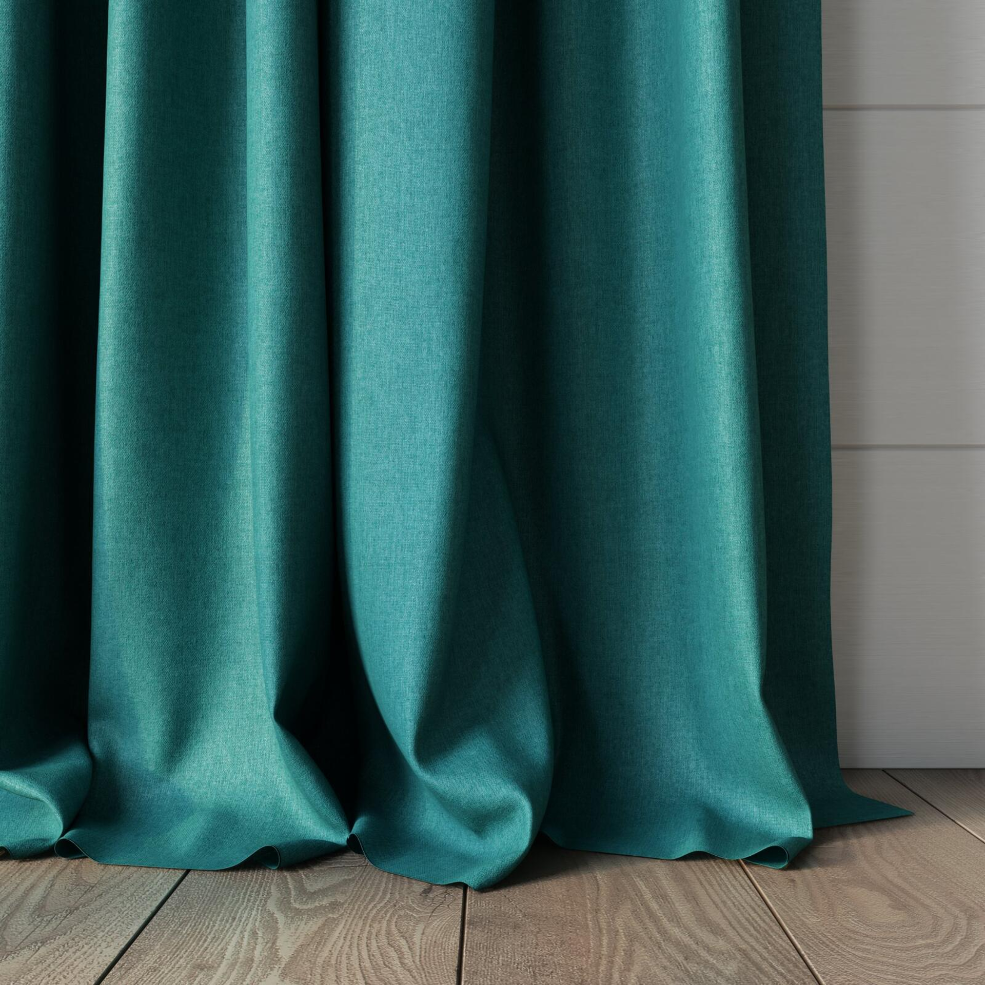 Bottom view of Cushy Teal, puddled, on curtain rod