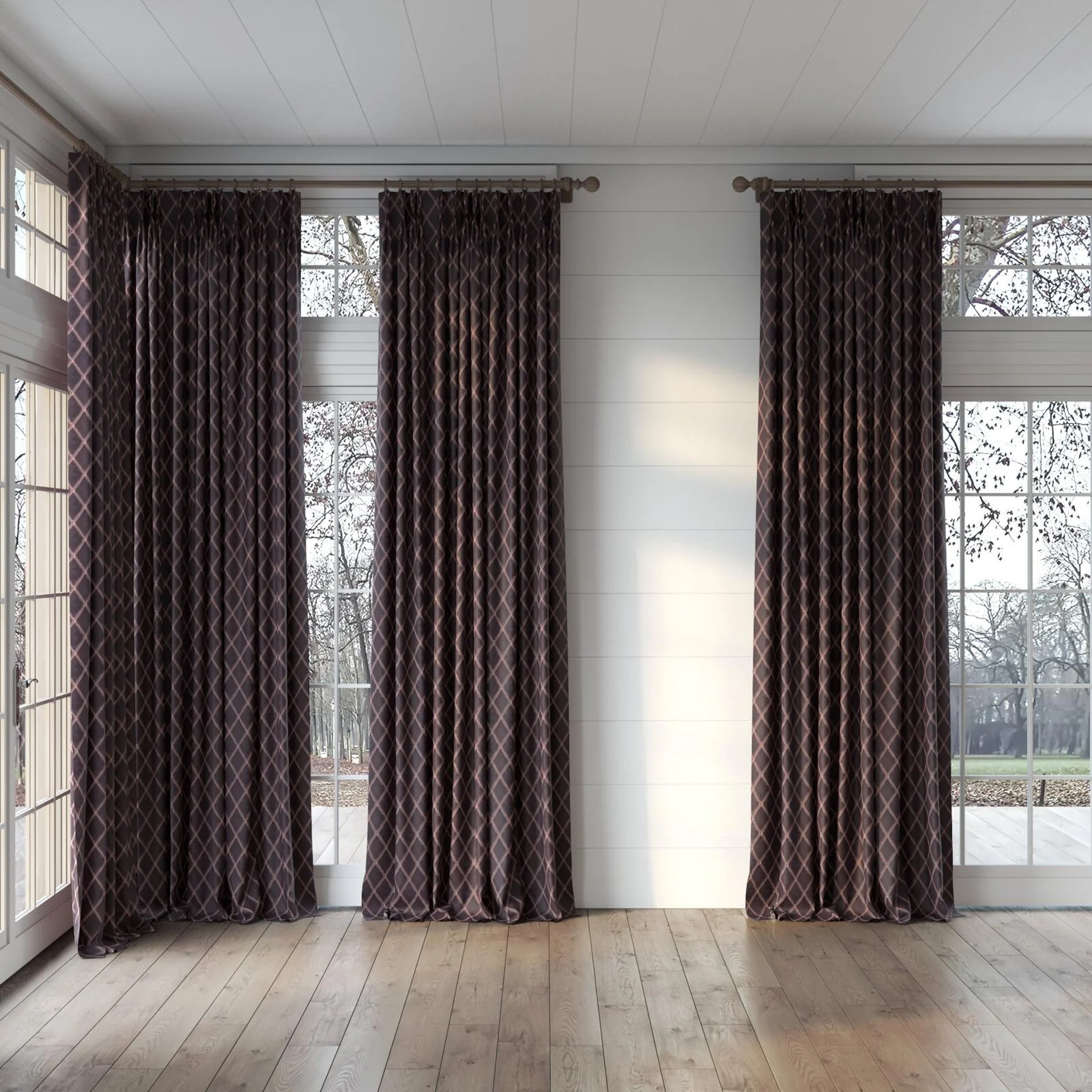 Full view of Pantheon Plum, puddled, on curtain rod