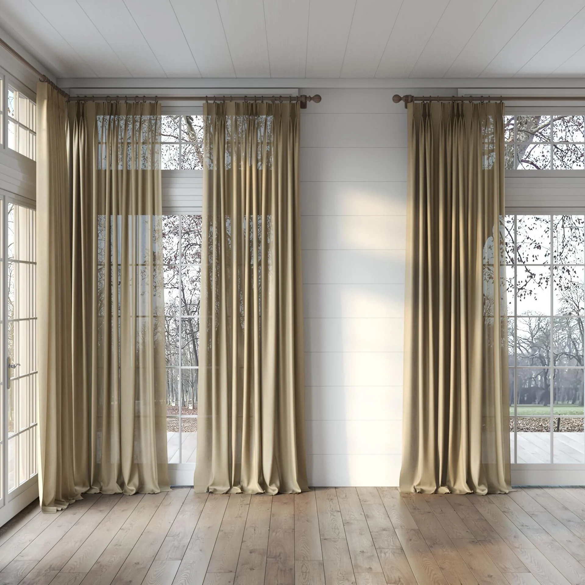 Full view of Flo II Bronze, puddled, on curtain rod
