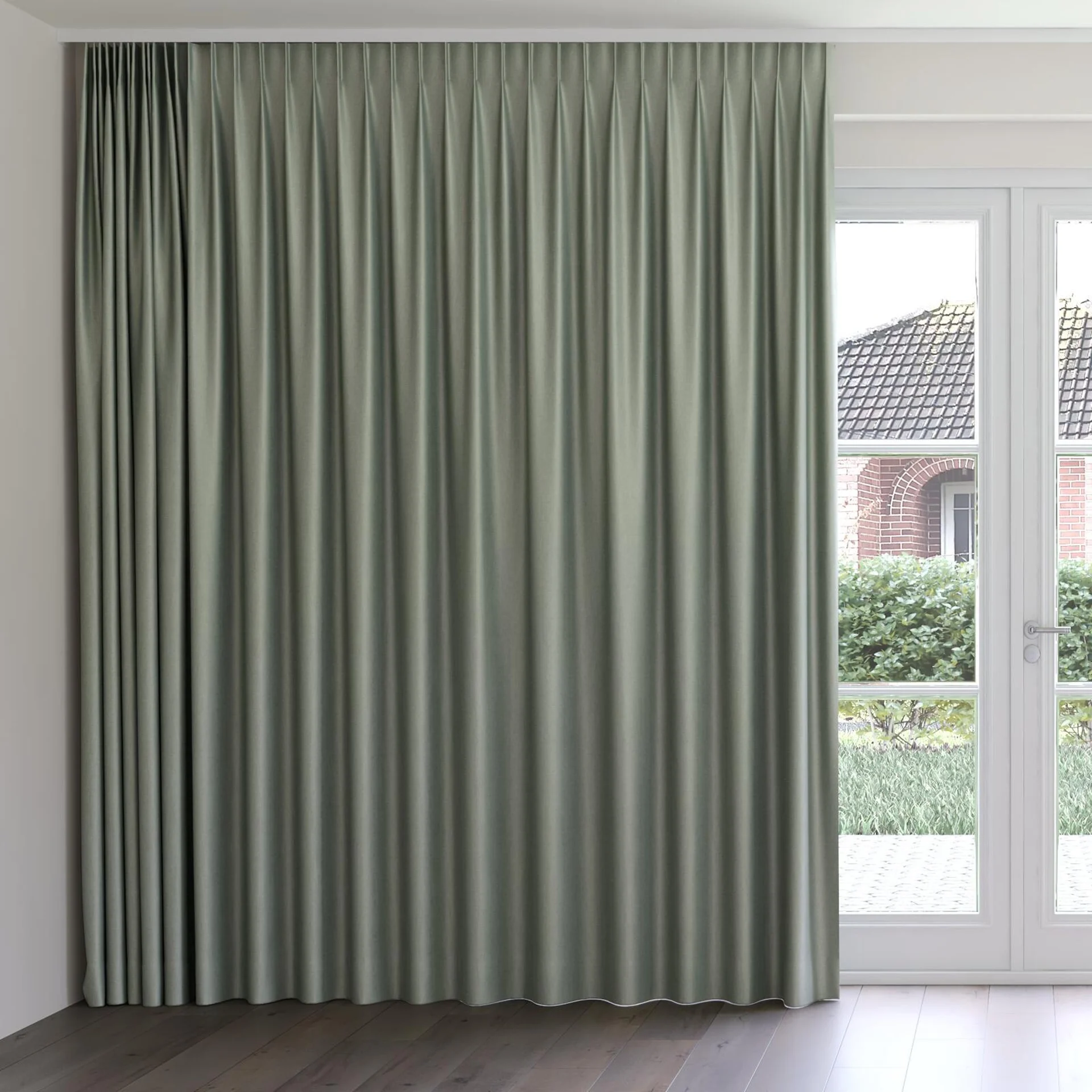 Front view of Matrix Duckegg, on curtain rail