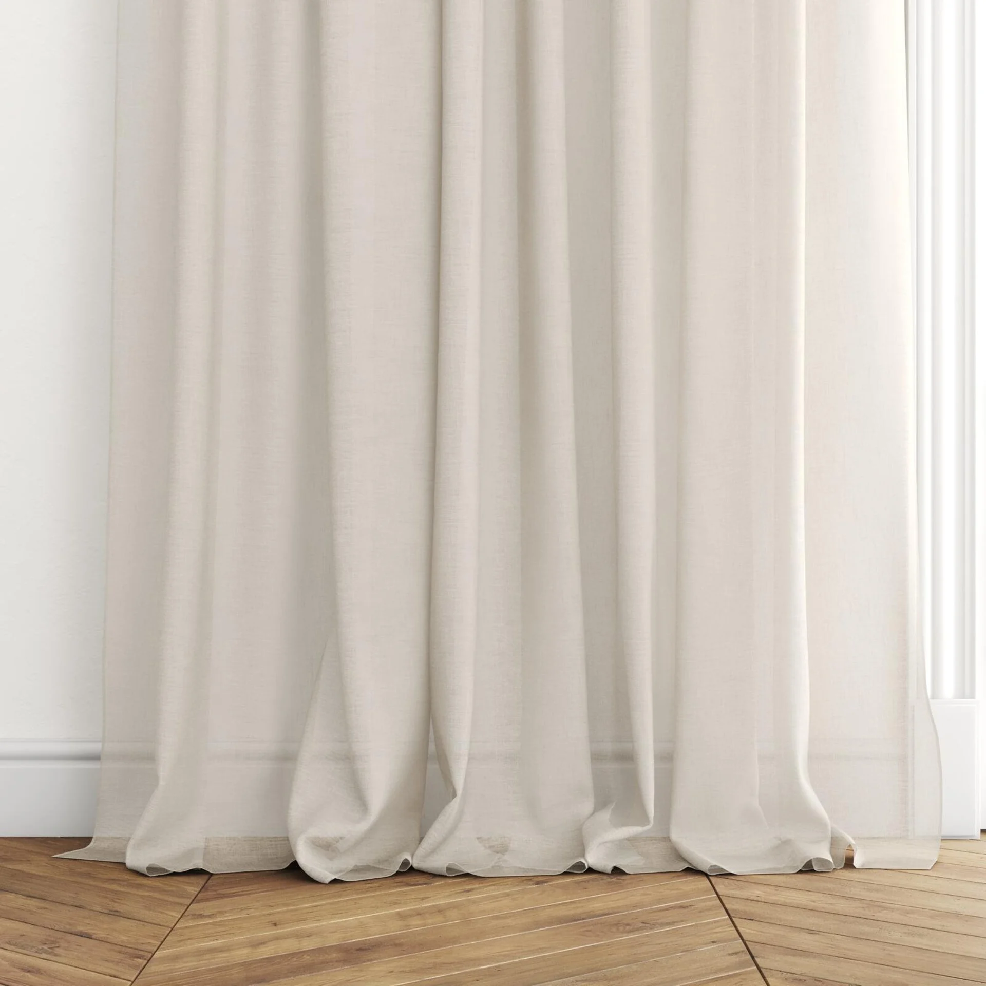Bottom view of Cirrus Hay, puddled with pinch pleat, on curtain rod