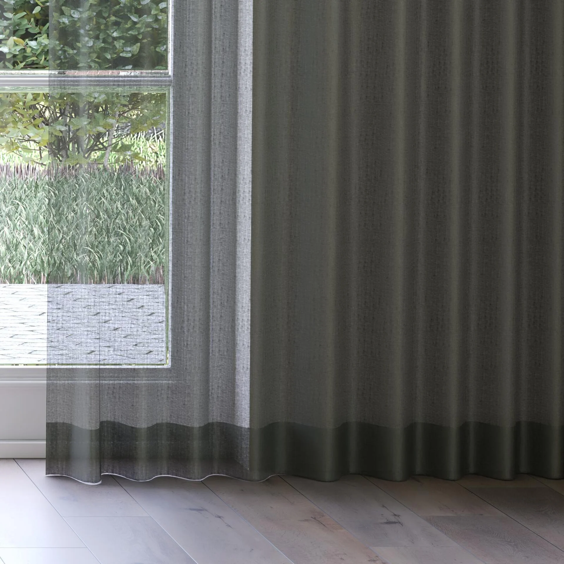 Bottom view of Kanso Stonewash Moss, on curtain rail