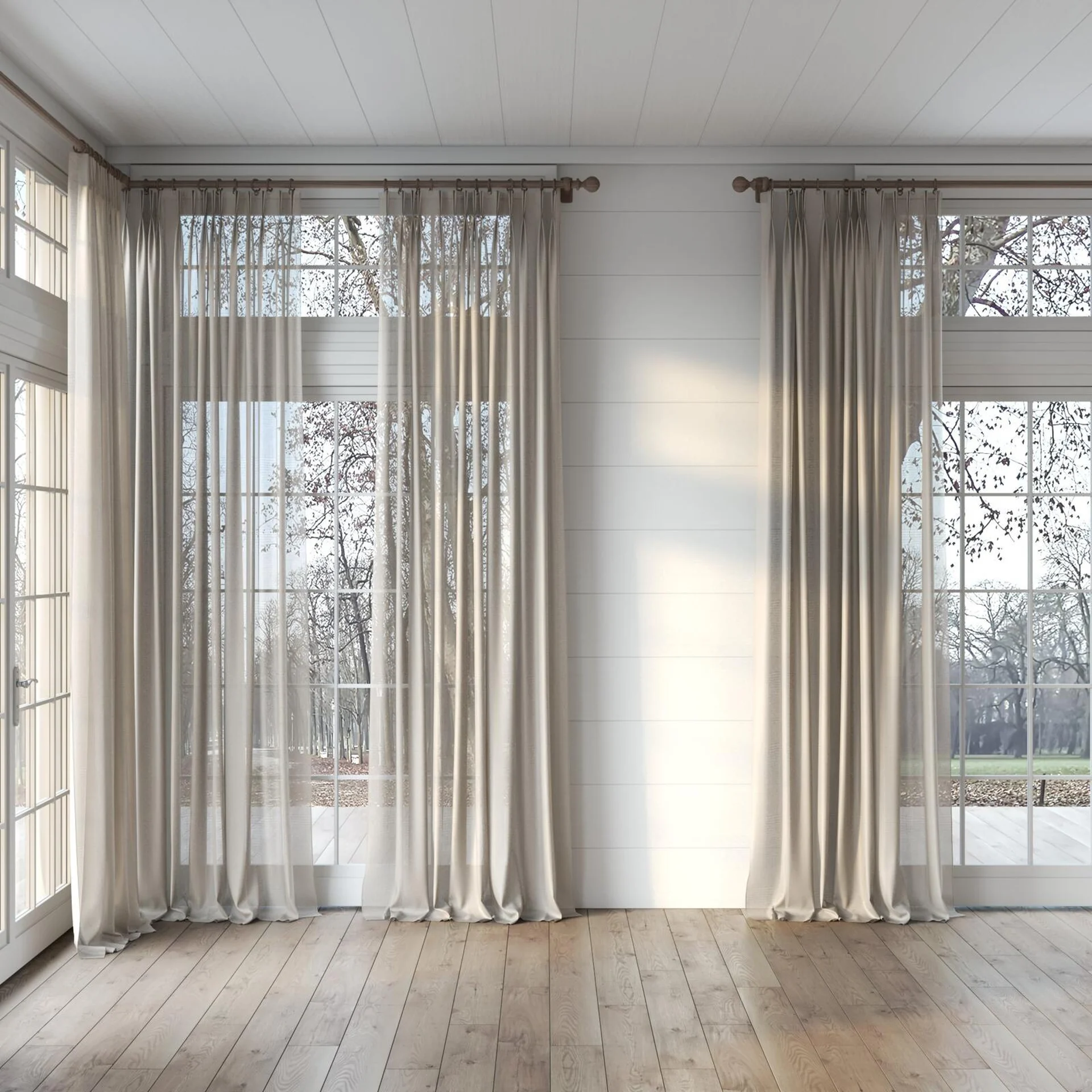 Full view of Jermian Linen, puddled, on curtain rod