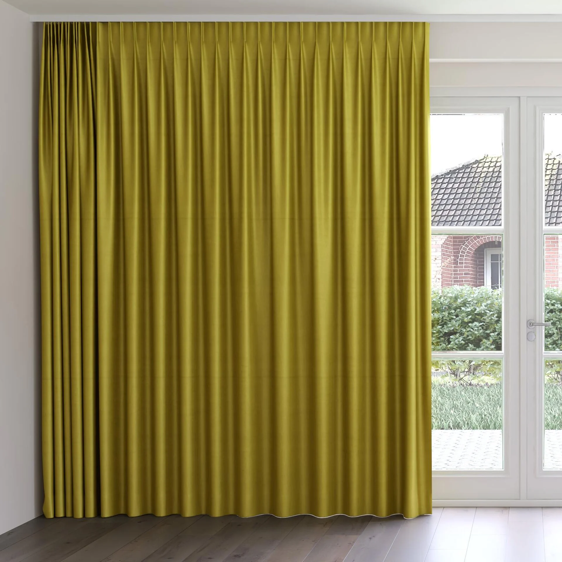 Front view of Warlock Chartreuse, on curtain rail