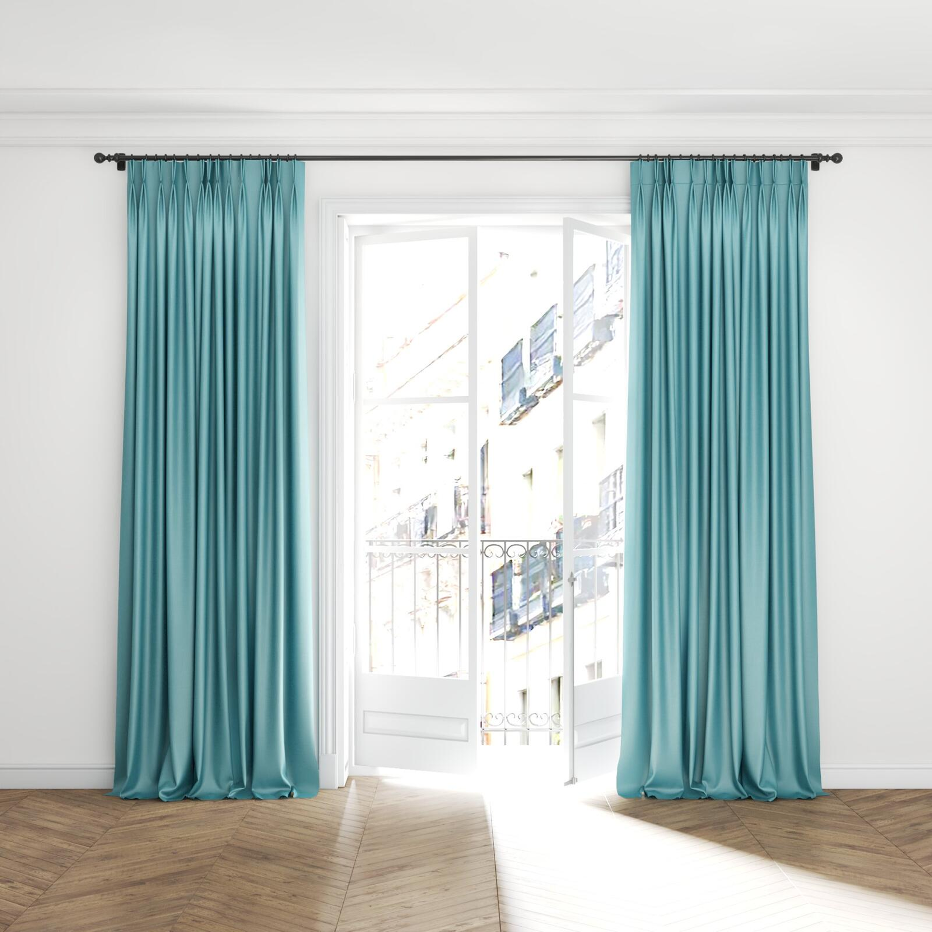 Full view of Bavaria Pool, puddled with pinch pleat, on curtain rod