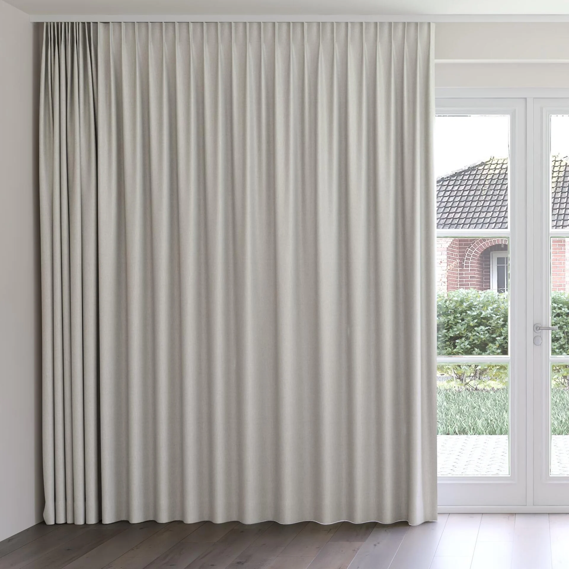 Front view of Stonewall Blackout Haze, on curtain rail