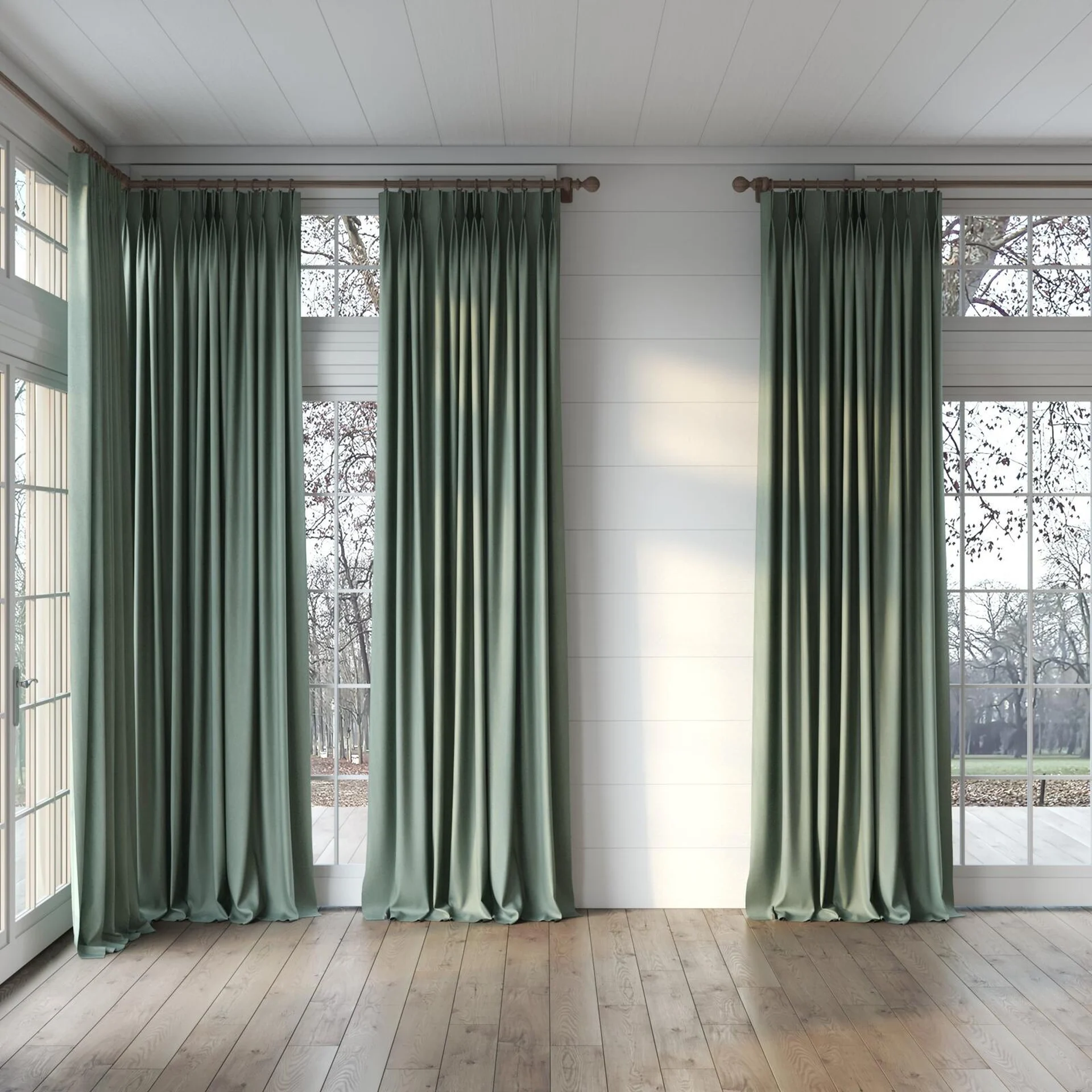 Full view of Liberate Sage, puddled, on curtain rod