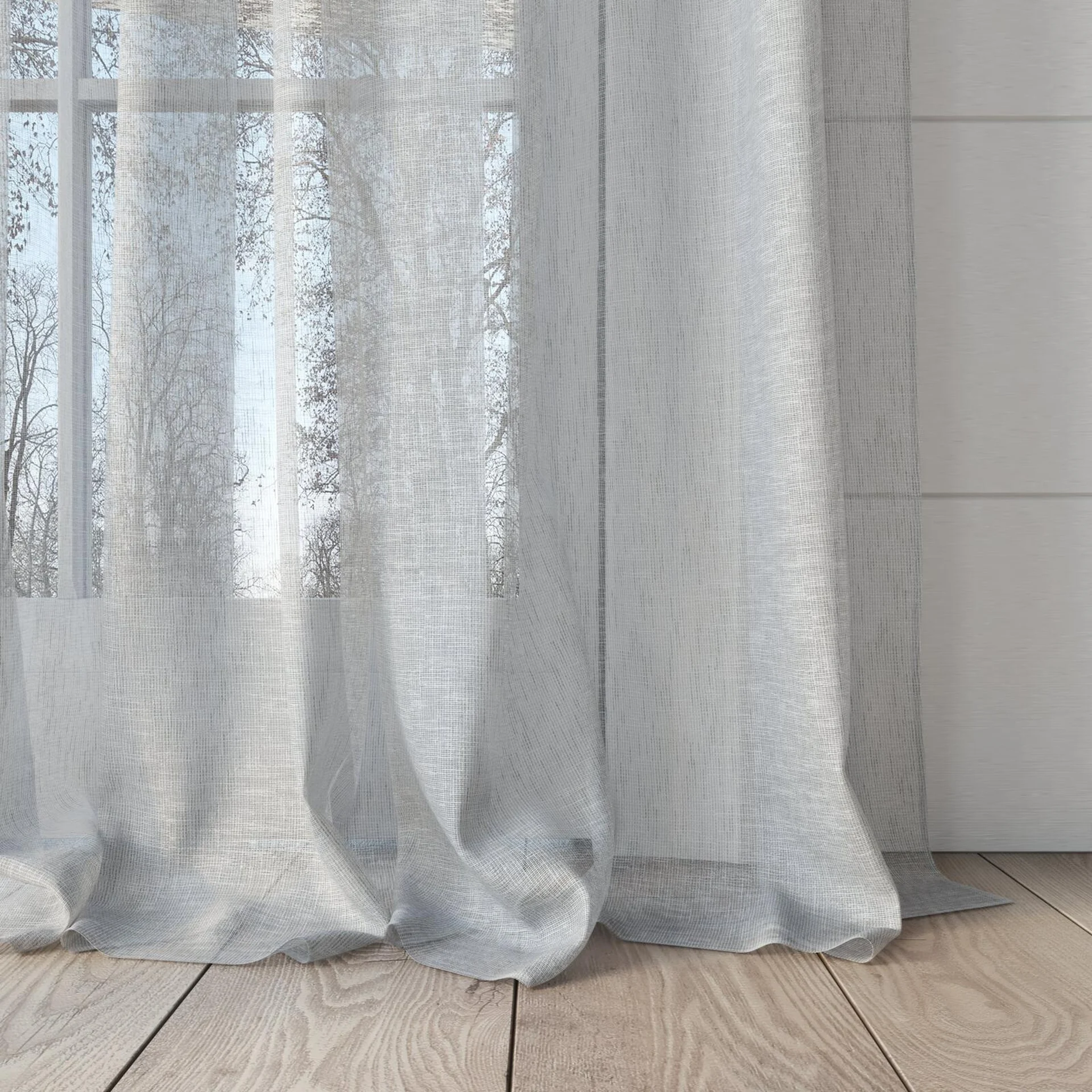 Bottom view of Seaview Willow, puddled, on curtain rod