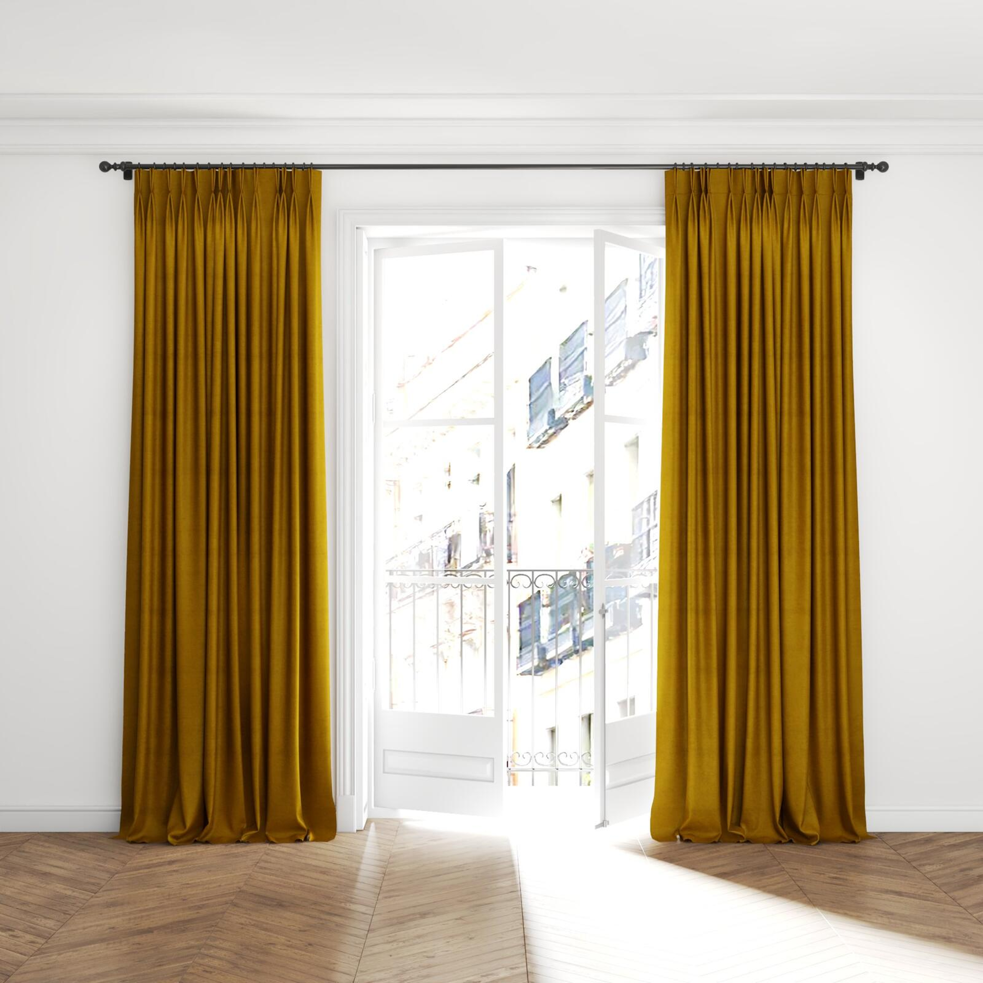Full view of Baron Gold, puddled with pinch pleat, on curtain rod