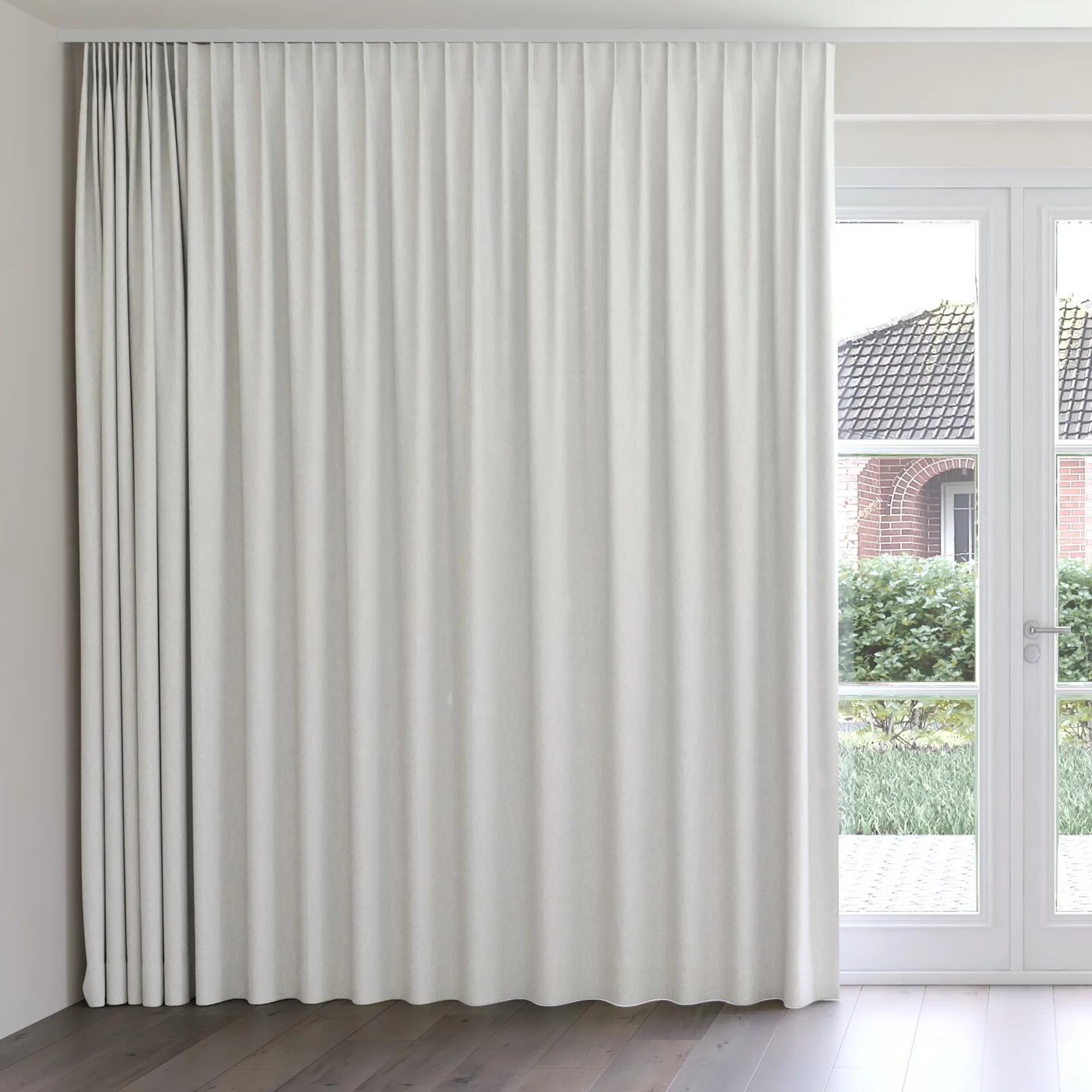 Front view of Obi Stonewash Duckegg, on curtain rail