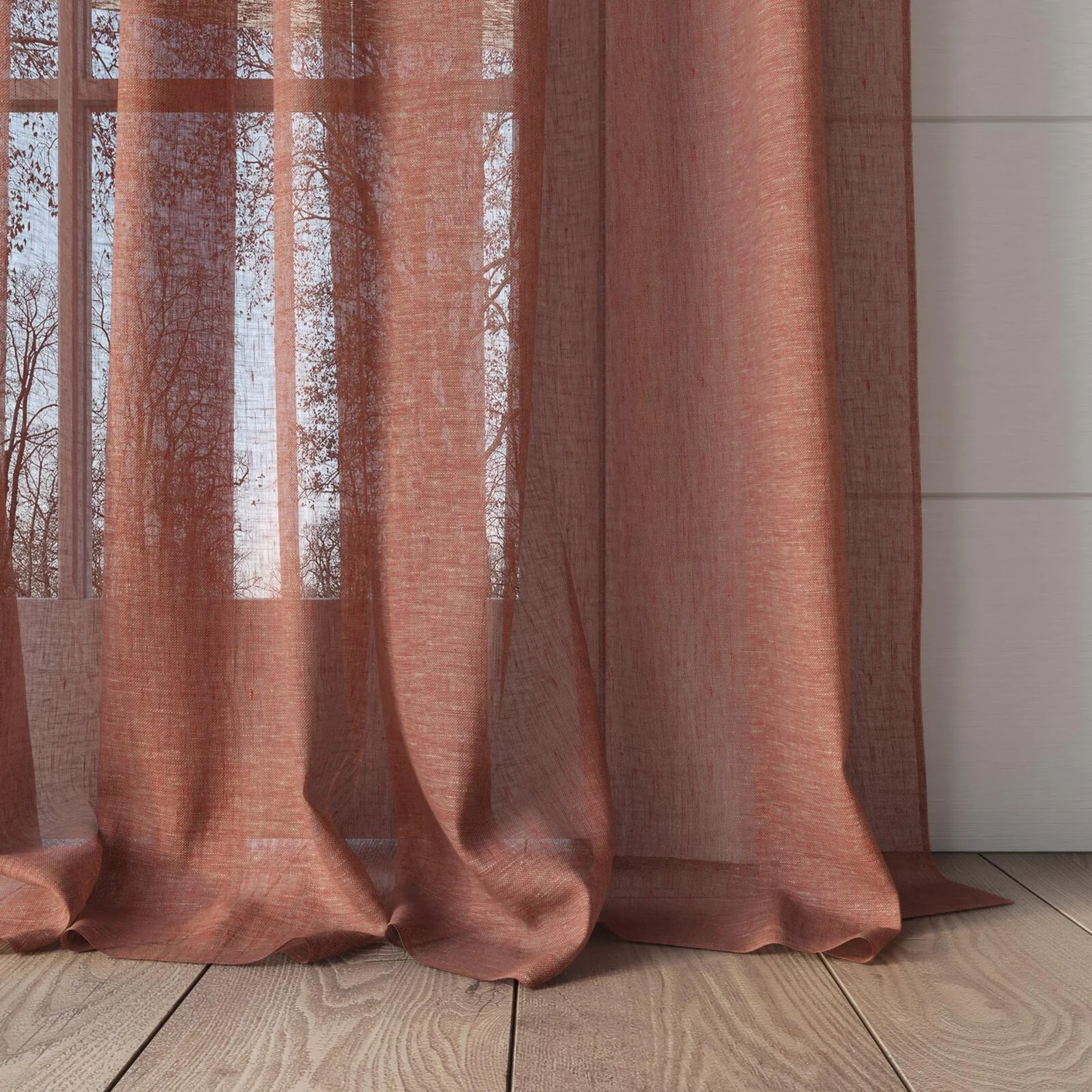 Bottom view of Pure Linen Brick, puddled, on curtain rod