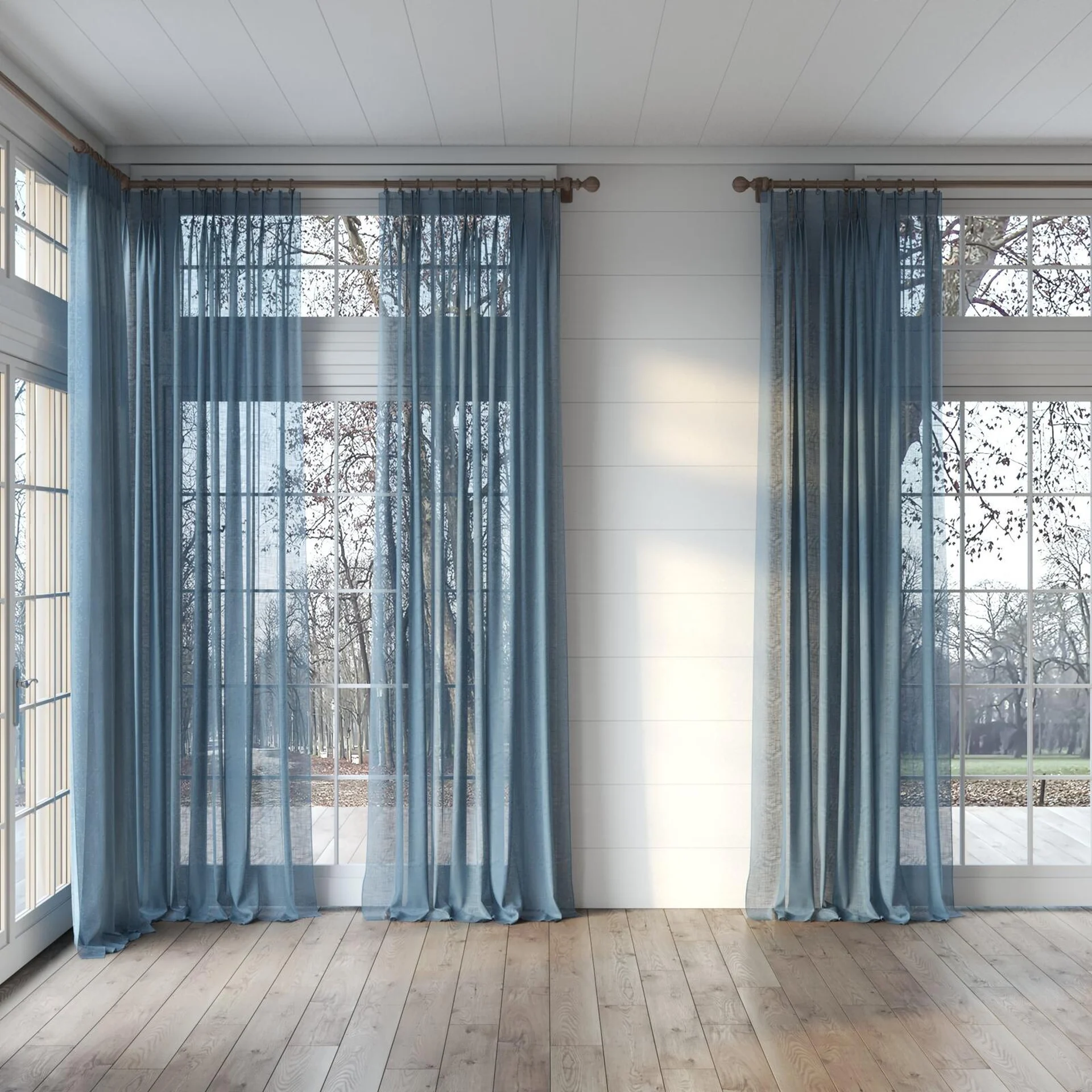 Full view of Verdant Denim, puddled, on curtain rod