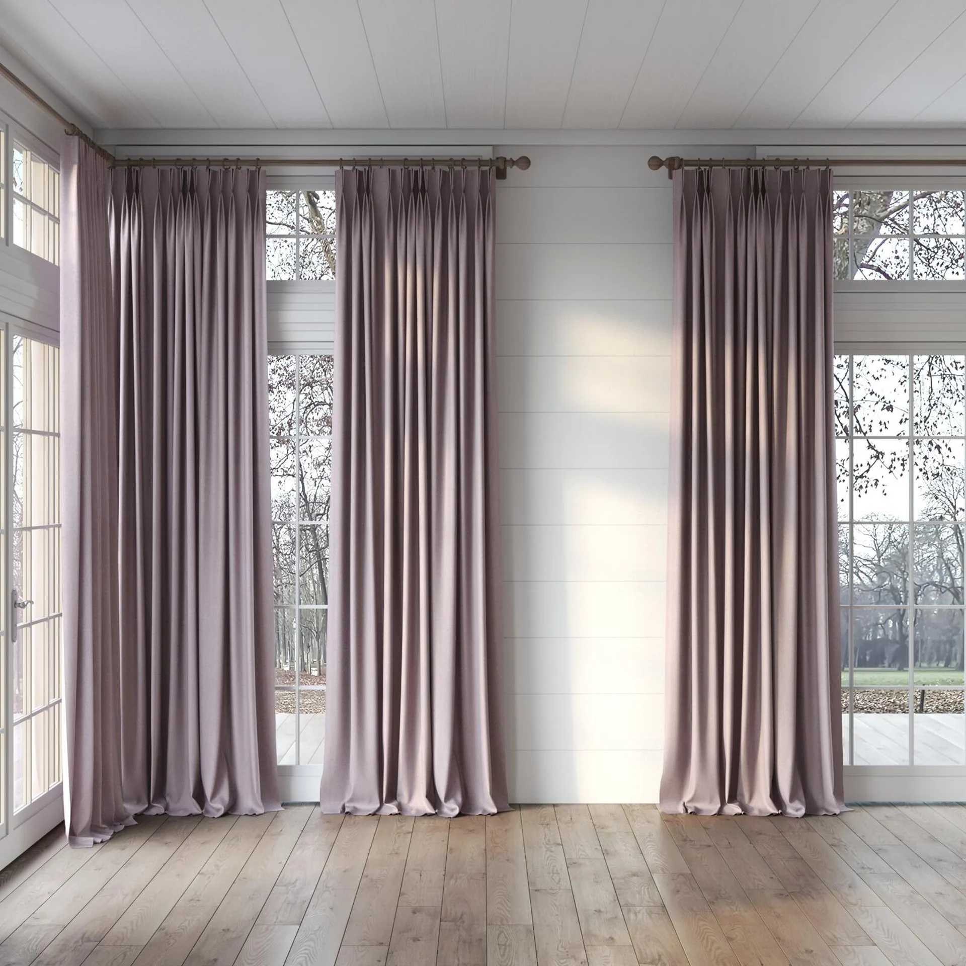 Full view of Liberate Mauve, puddled, on curtain rod
