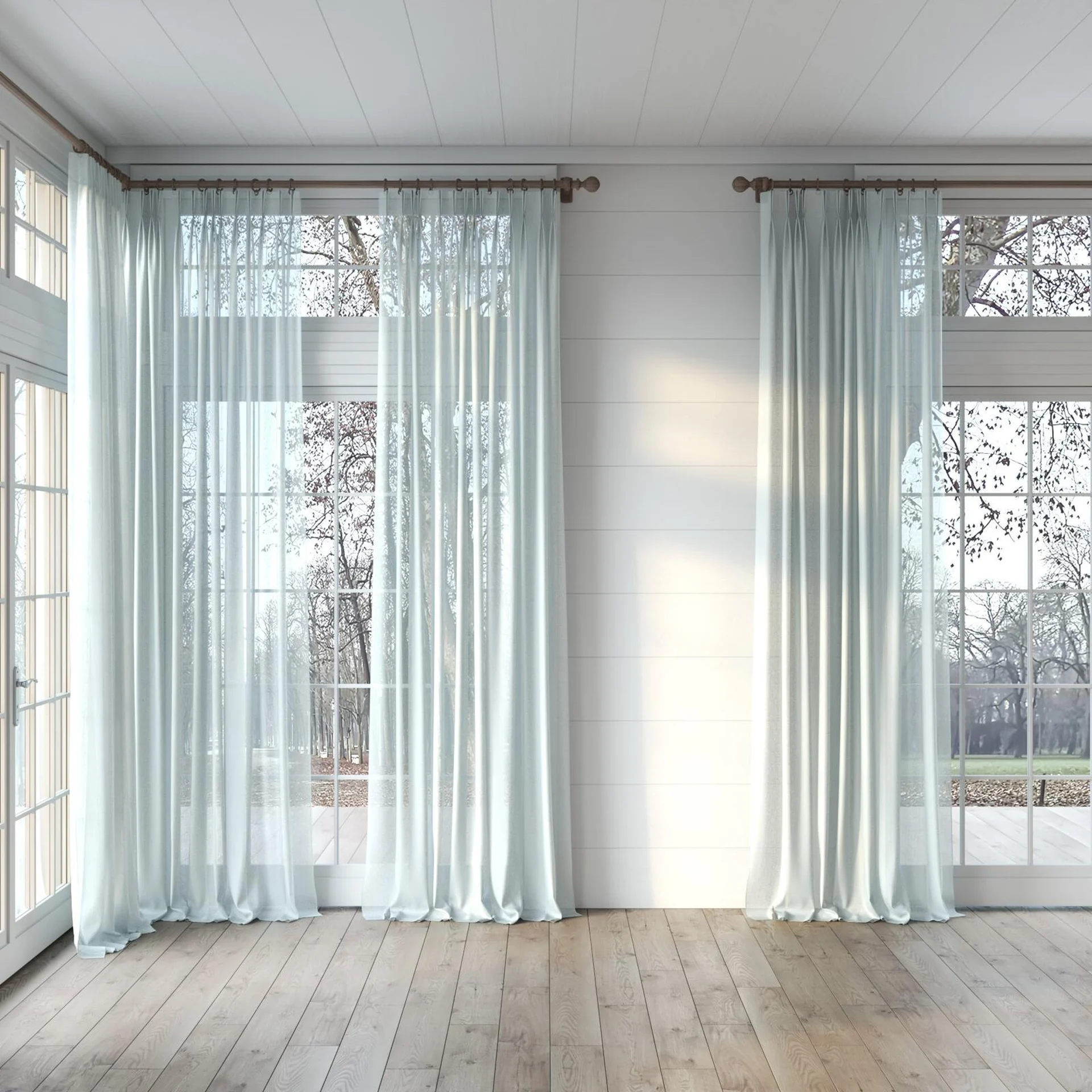 Full view of Alcova Sky, puddled, on curtain rod