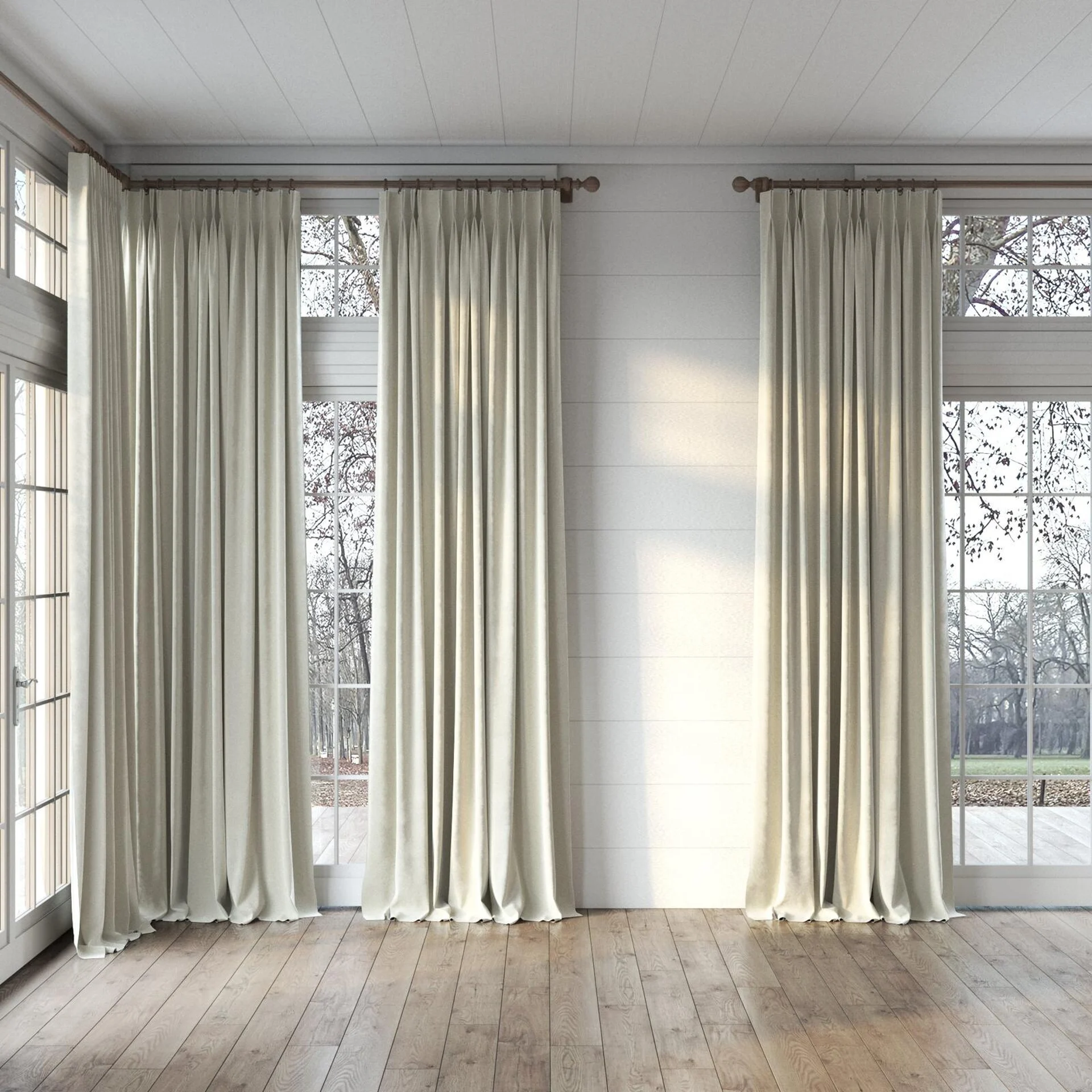 Full view of Velvelux Nougat, puddled, on curtain rod
