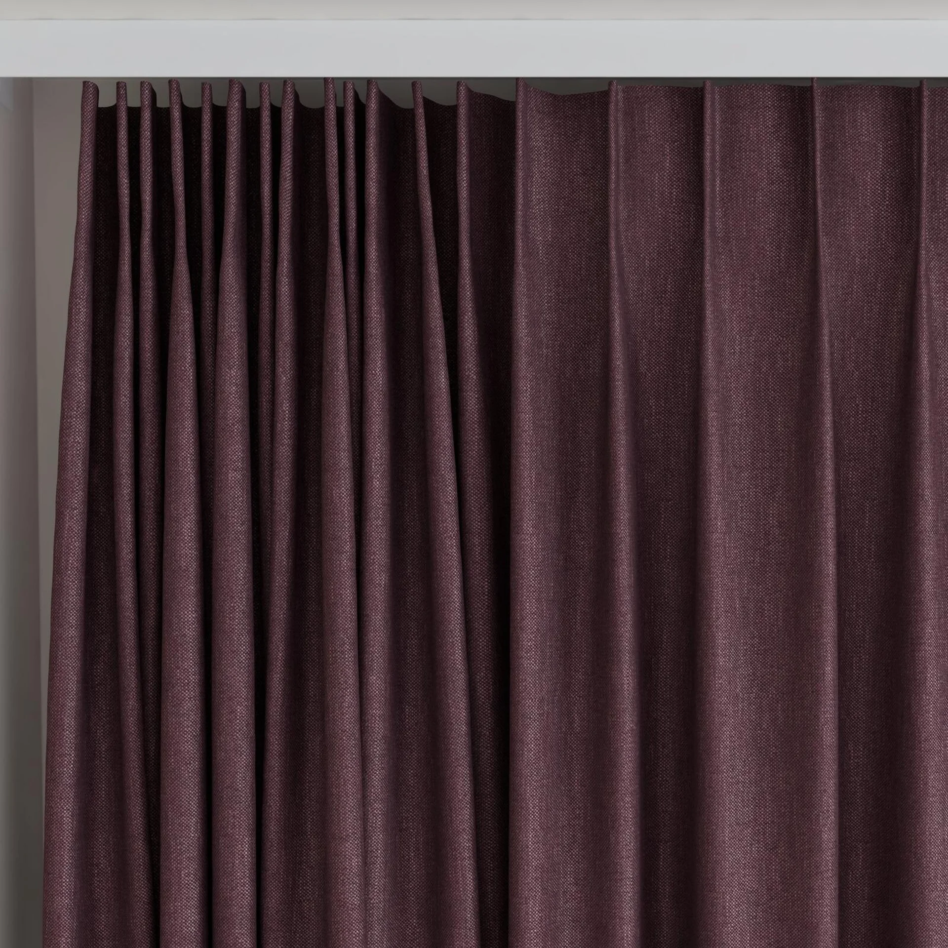 Top view of Perfecto Aubergine, on curtain rail