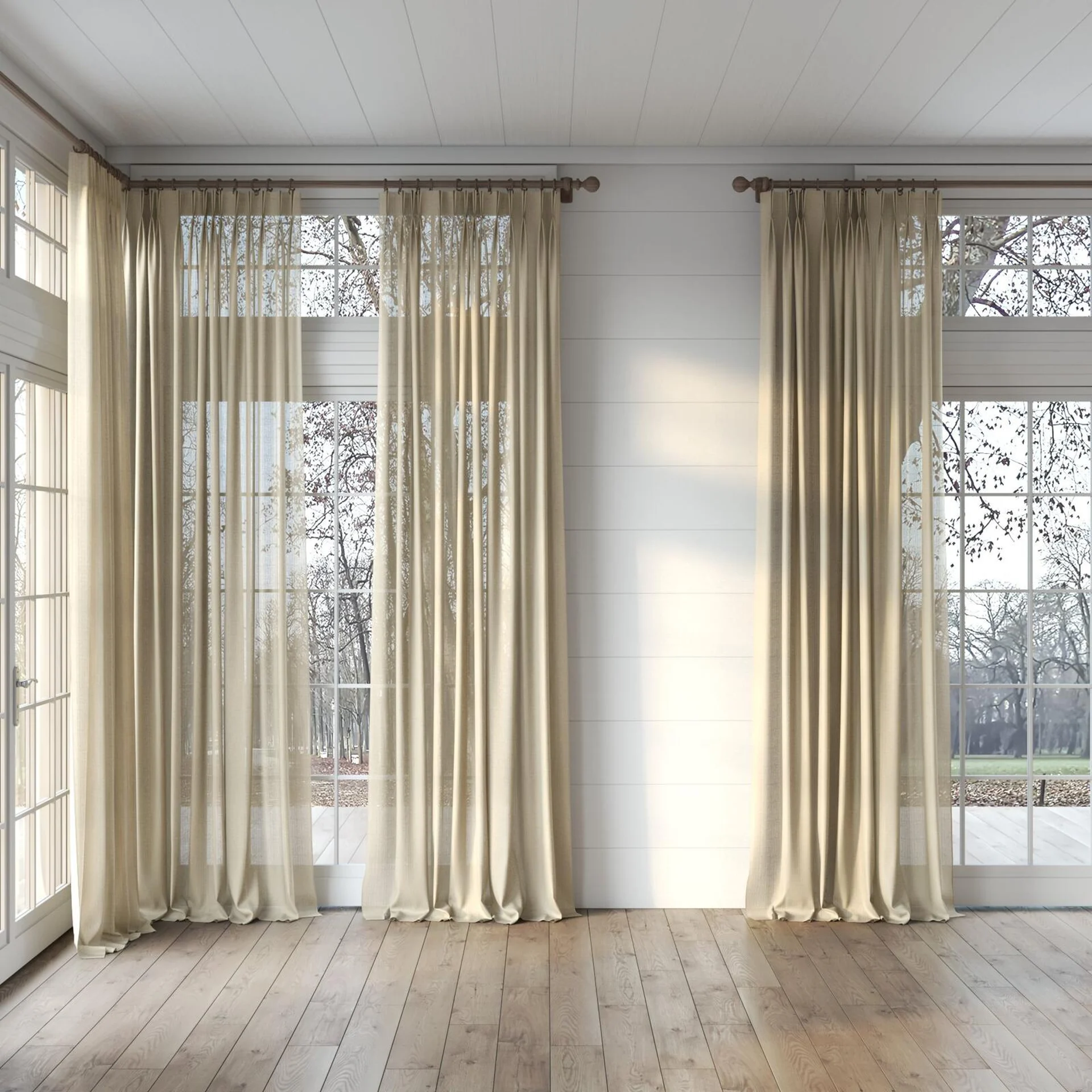 Full view of Crystal Taupe, puddled, on curtain rod