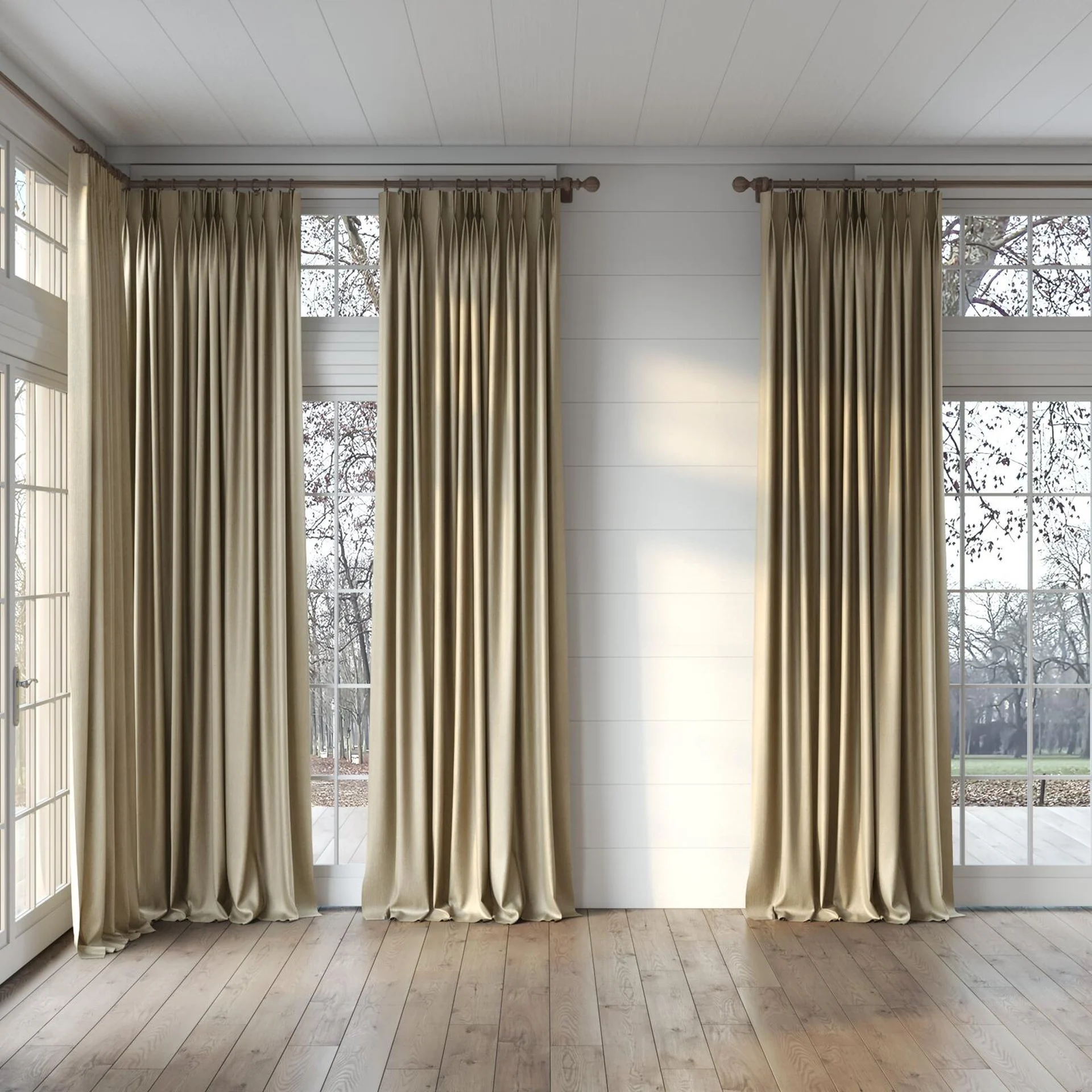 Full view of Hombre Rattan, puddled, on curtain rod