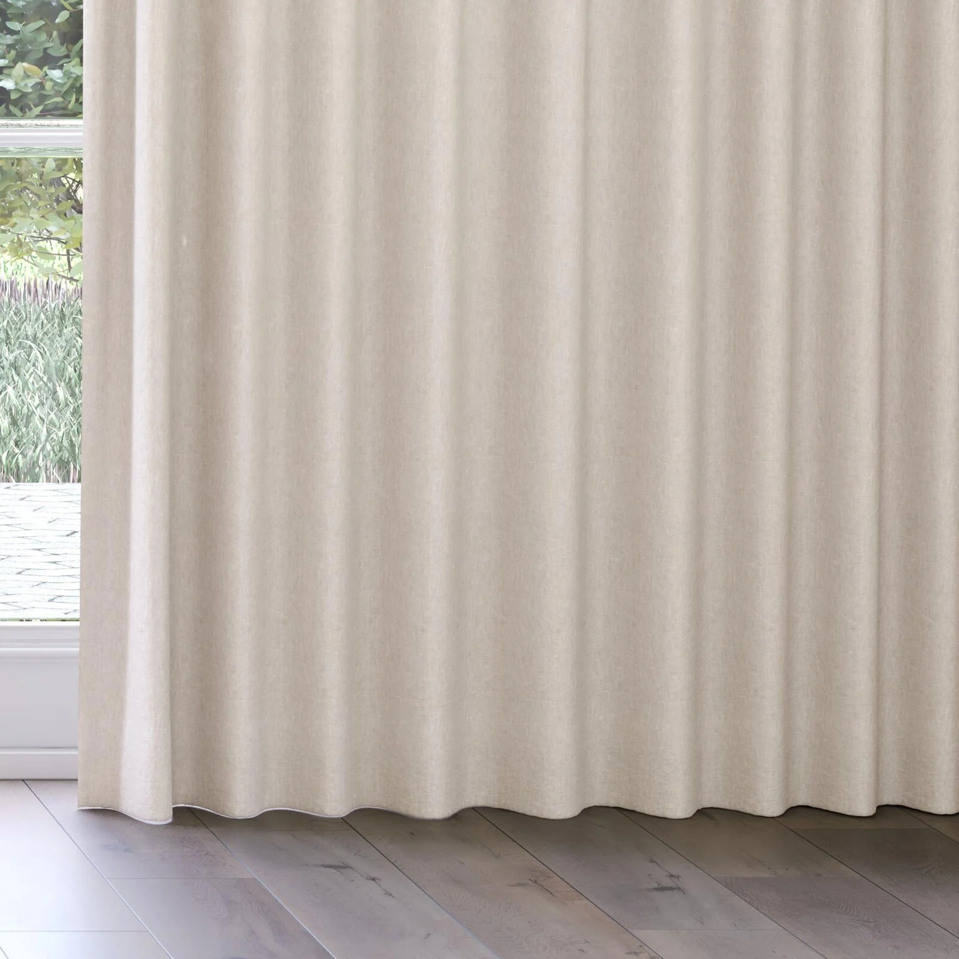 Bottom view of Obi Stonewash Linen, on curtain rail