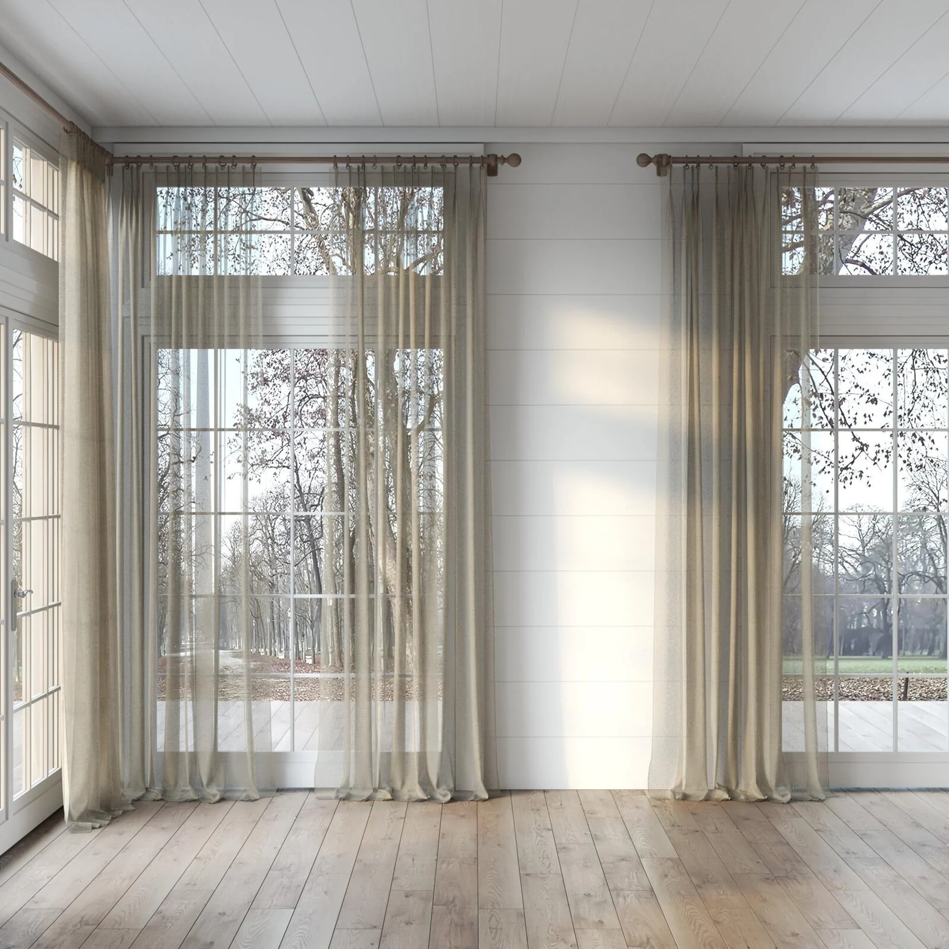 Full view of Pure Linen Fossil, puddled, on curtain rod