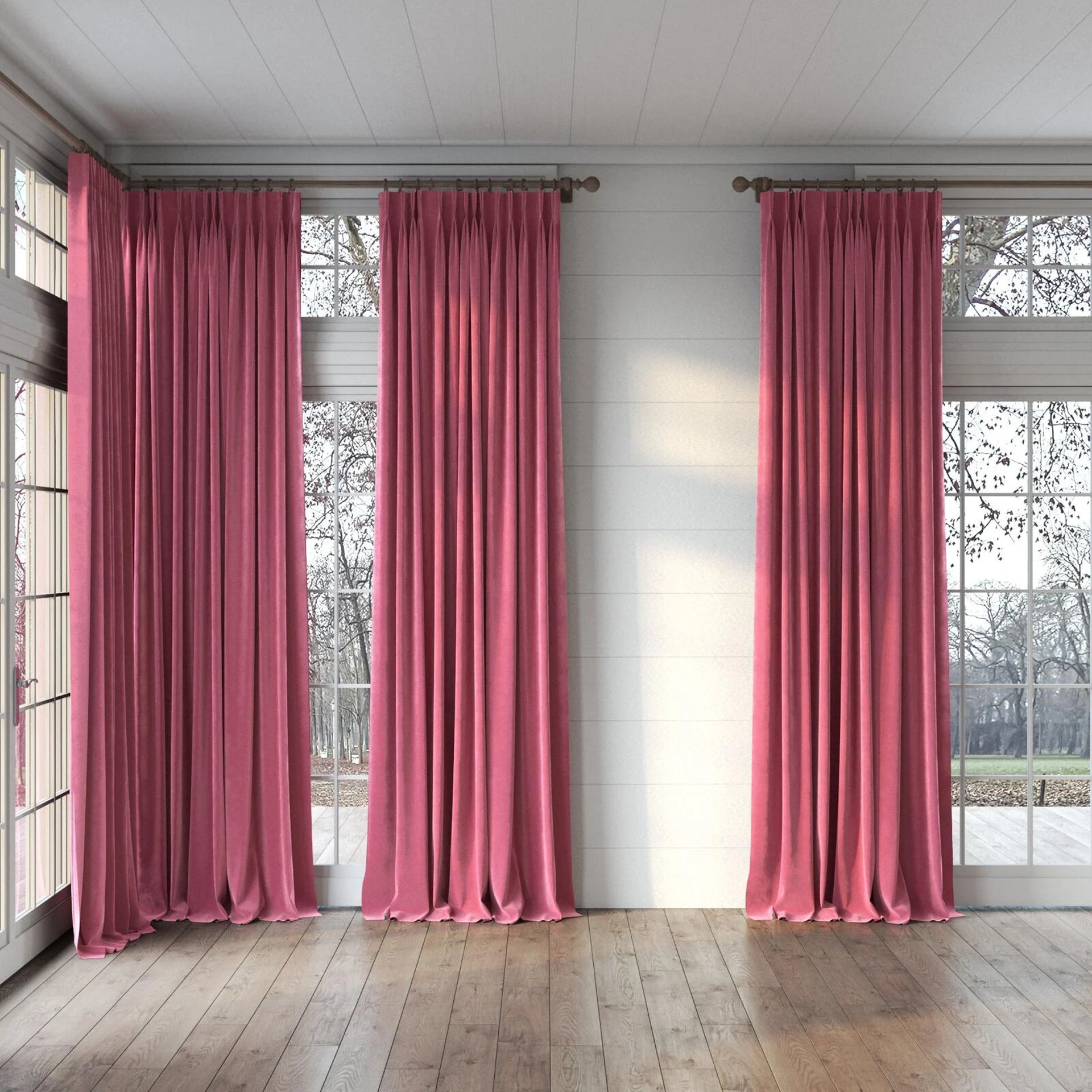 Full view of Lux Velvet Carmine 8501, puddled, on curtain rod