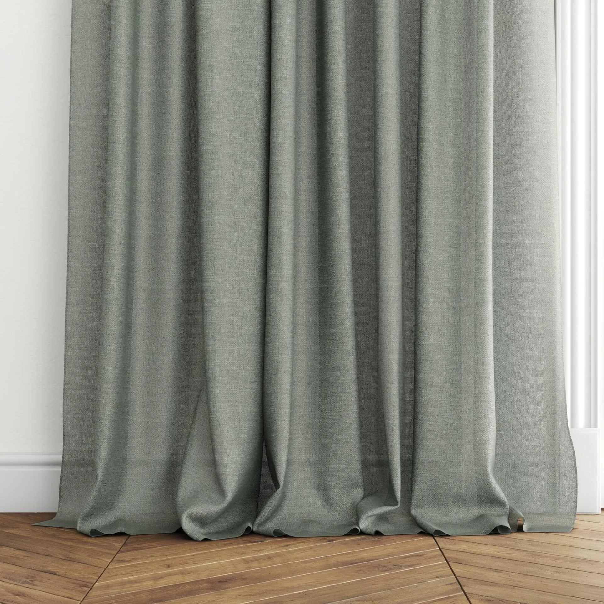 Bottom view of Focus Forest, puddled with pinch pleat, on curtain rod