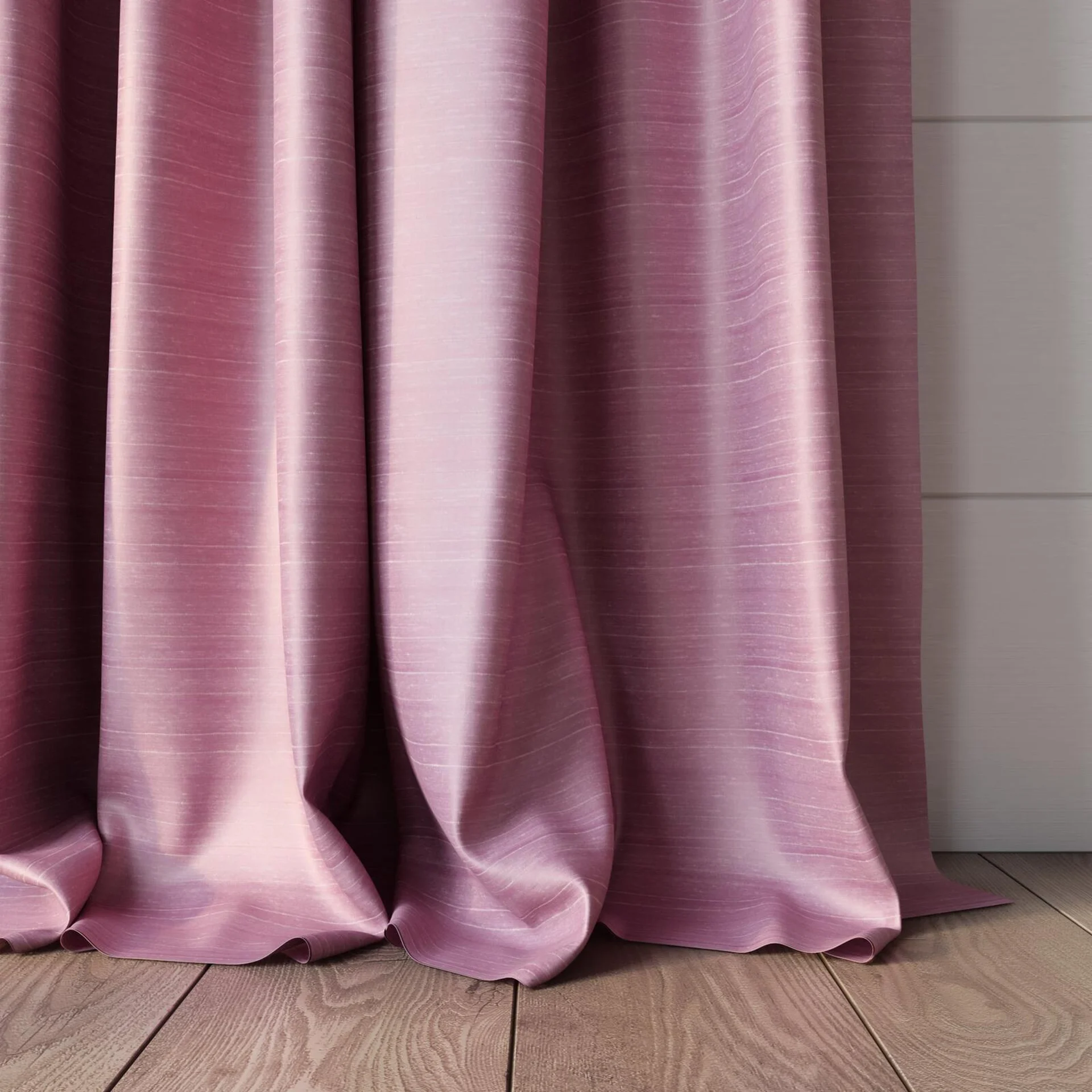 Bottom view of Silky Rose, puddled, on curtain rod
