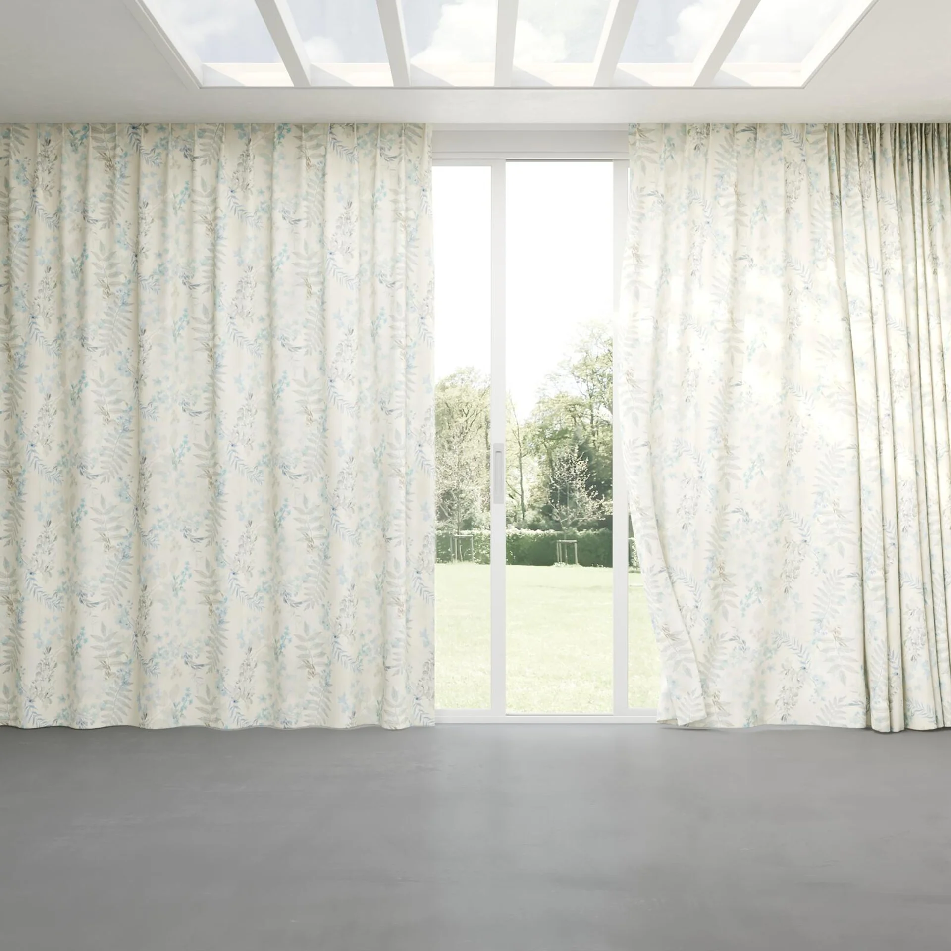 Full view of Plumeria Azure, pinch pleat