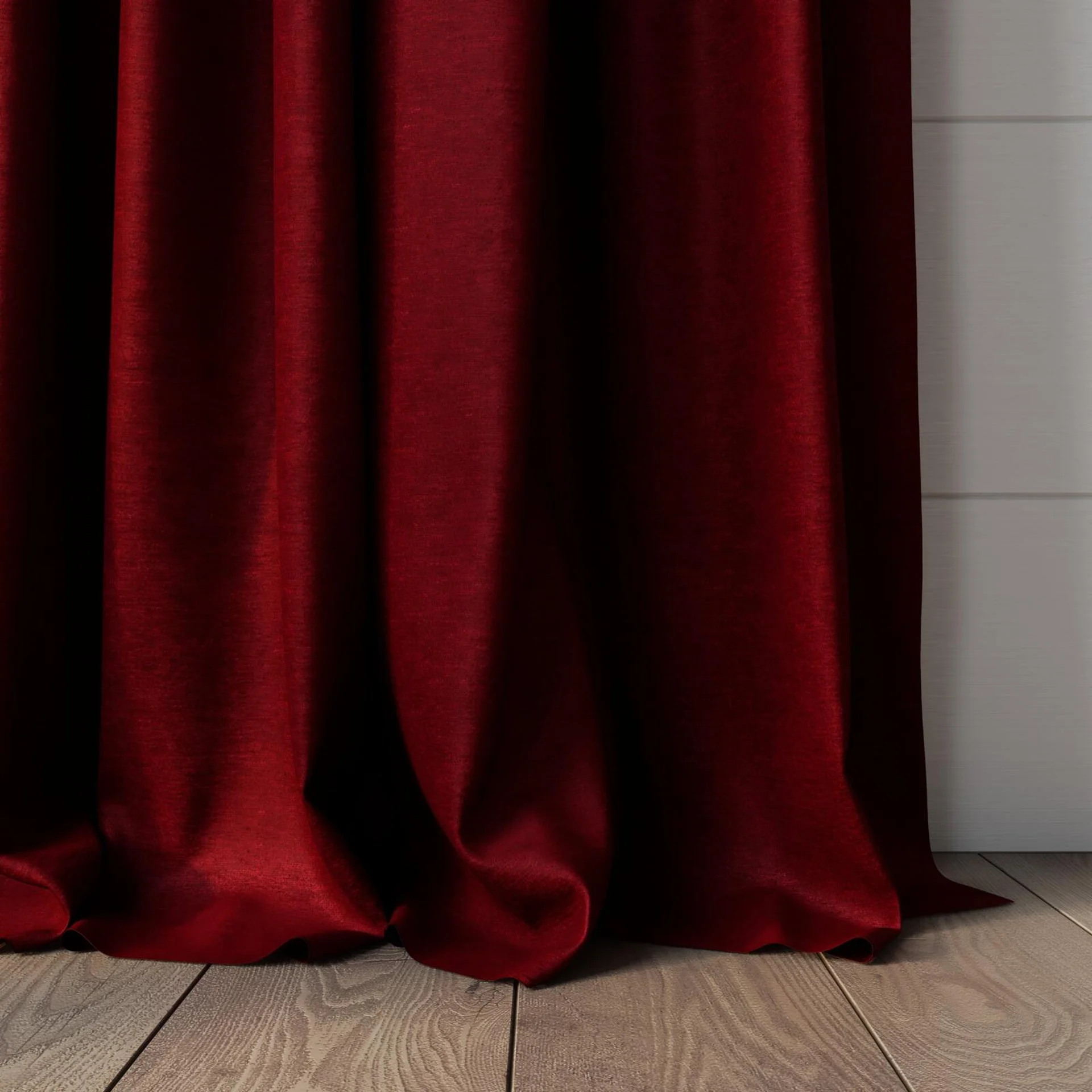 Bottom view of Baron Bordeaux, puddled, on curtain rod