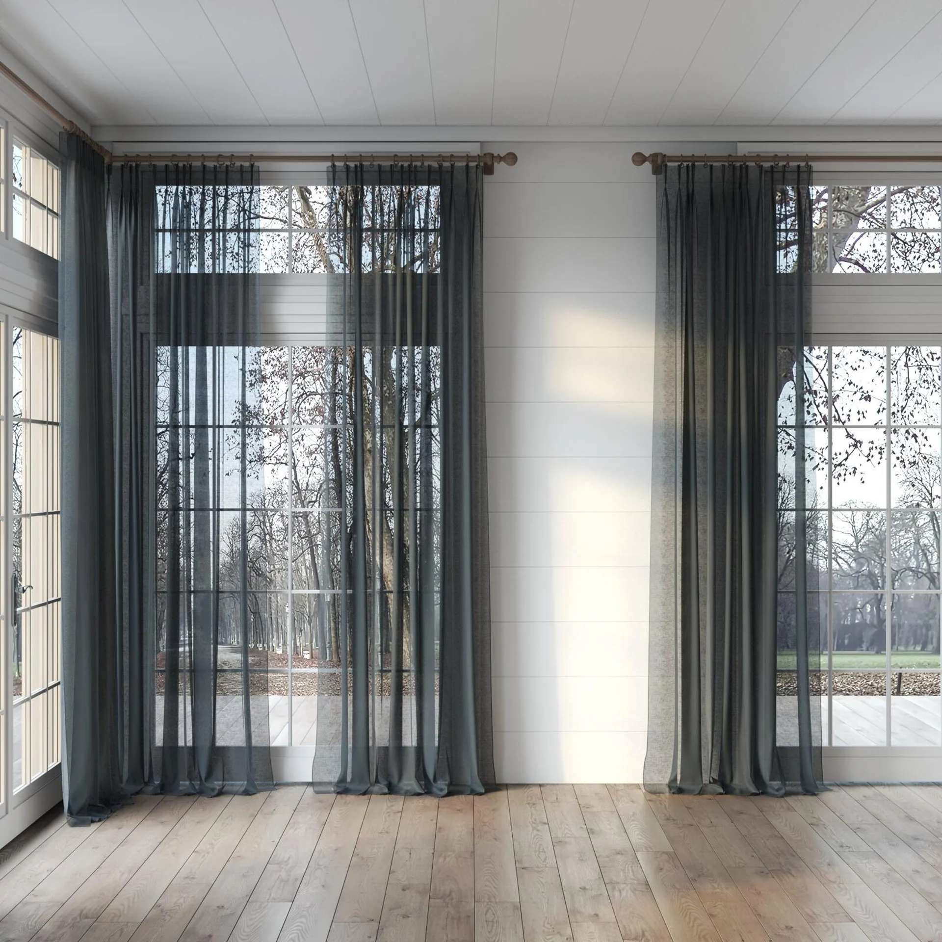 Full view of Elevate Slate, puddled, on curtain rod