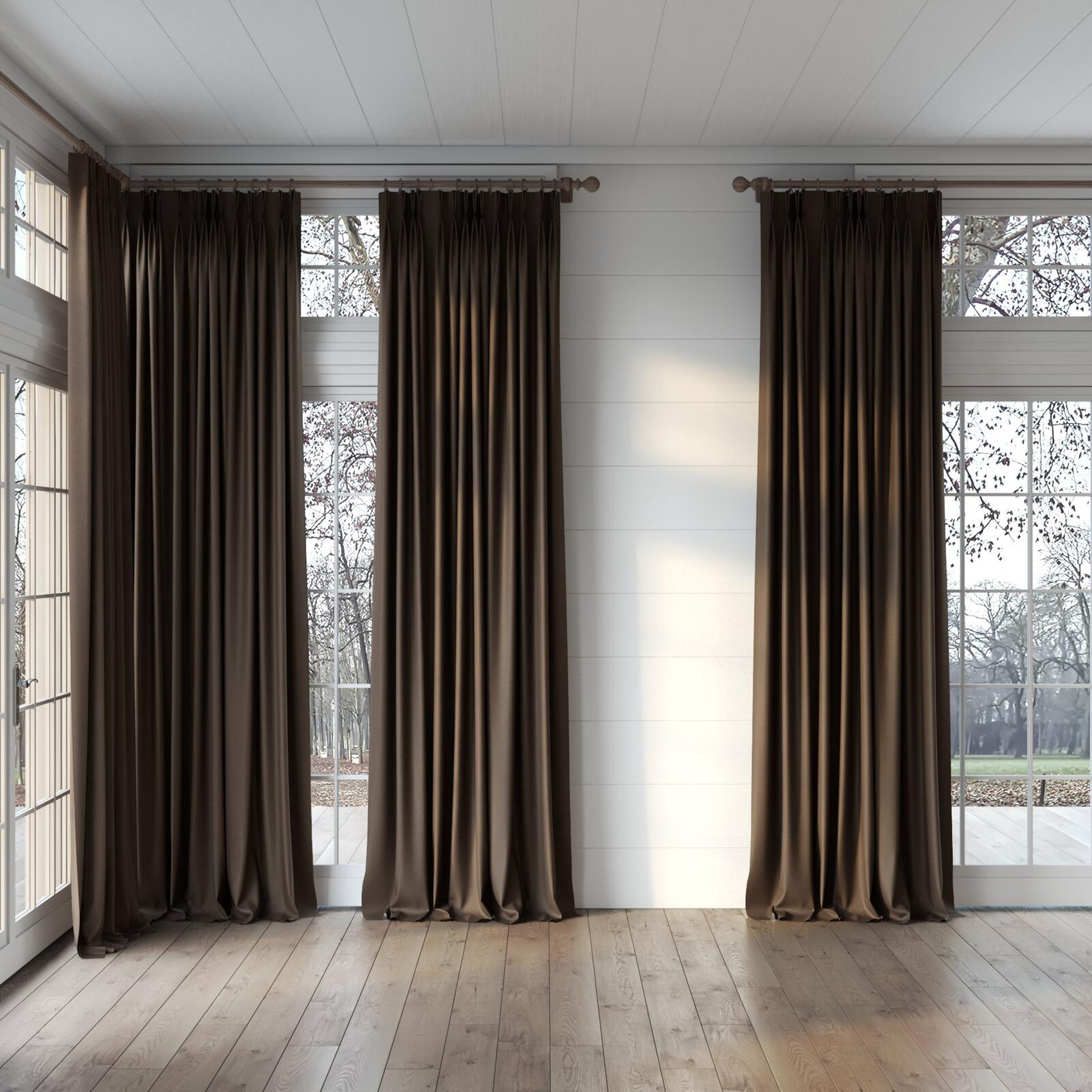Full view of Woolly/Woolen Cocoa, puddled, on curtain rod