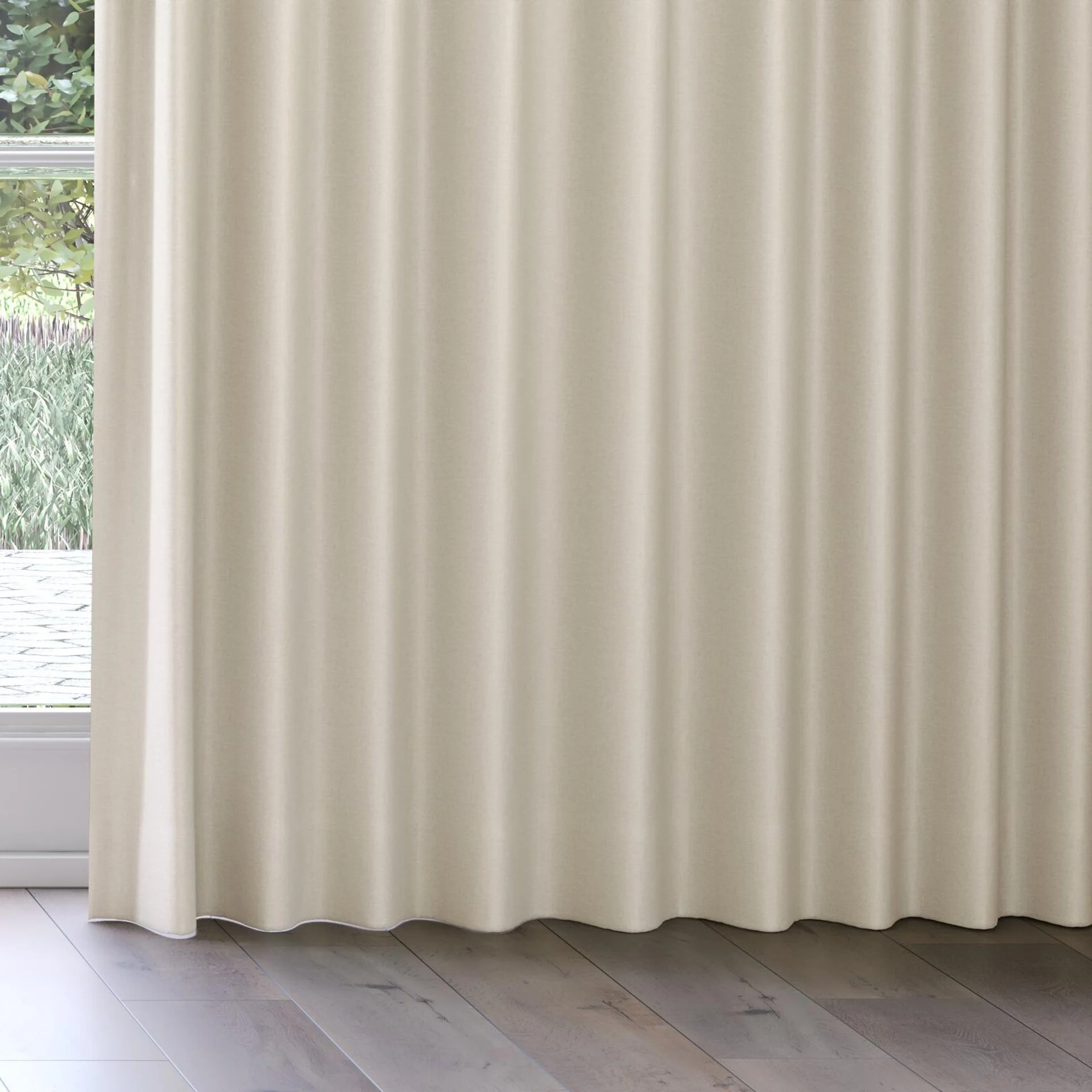 Bottom view of Eclipse Blackout Parchment, on curtain rail