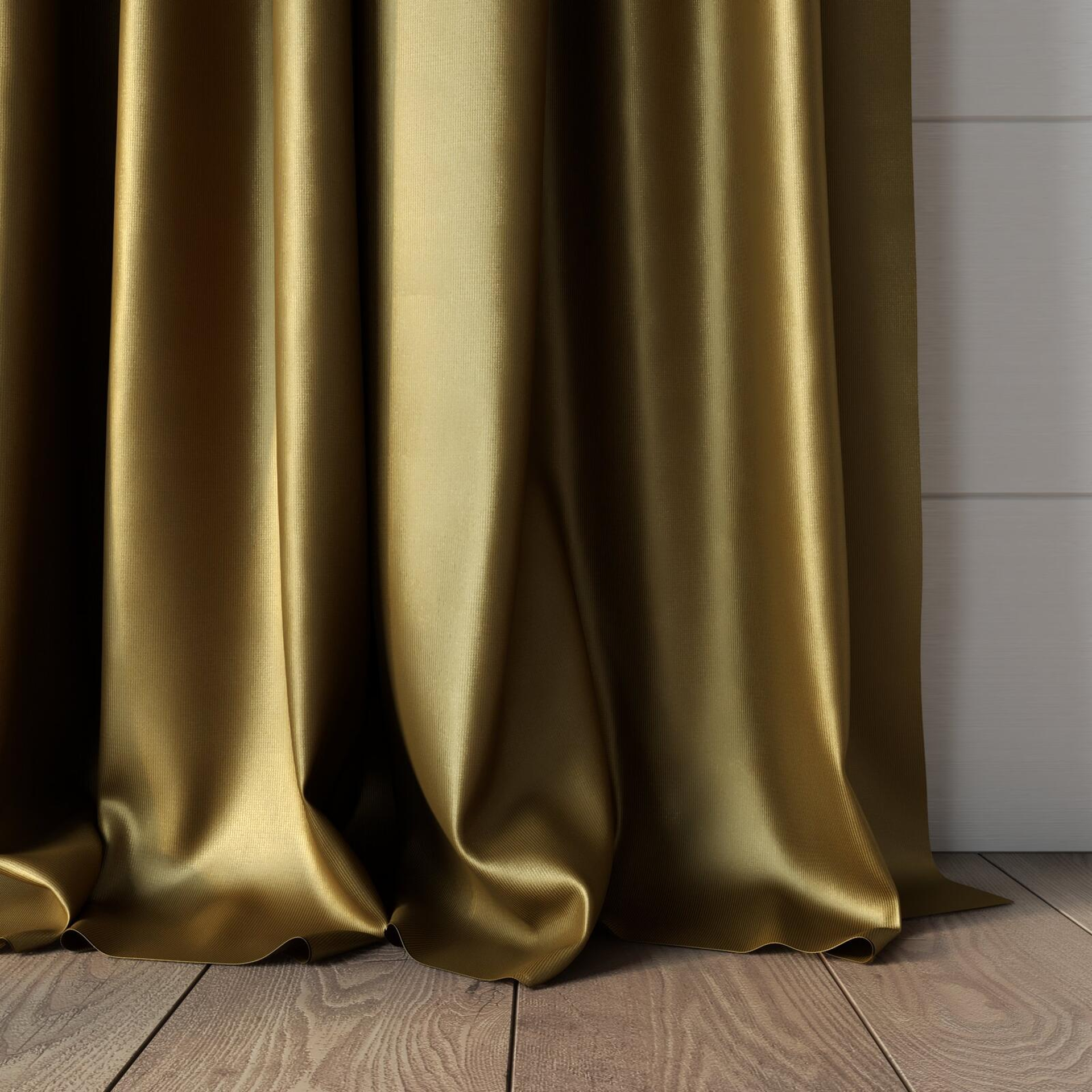 Bottom view of Mania Gold, puddled, on curtain rod