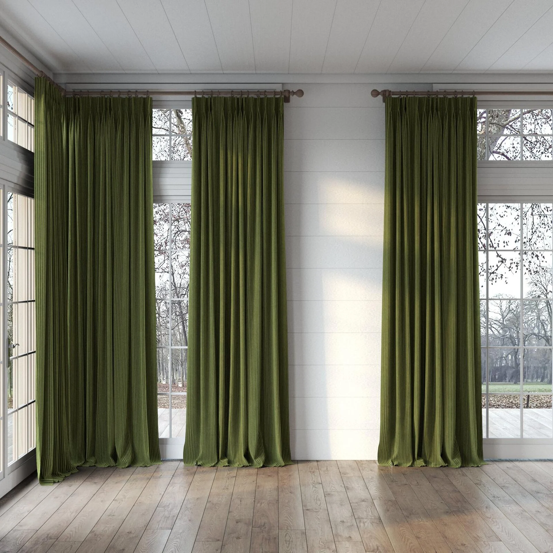Full view of Embrace Camouflage, puddled, on curtain rod