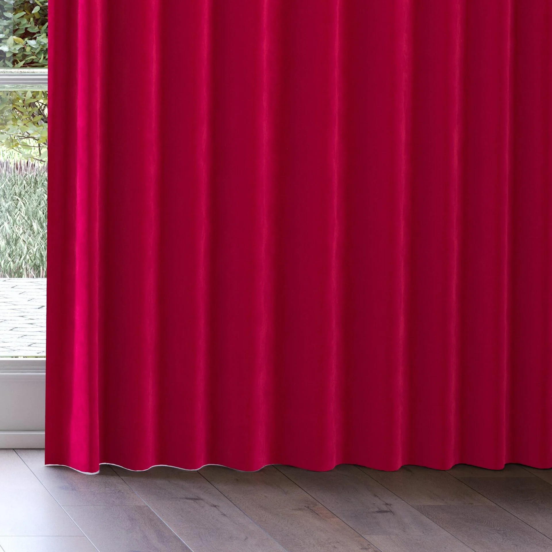 Bottom view of Lux Velvet Poppy 8601, on curtain rail