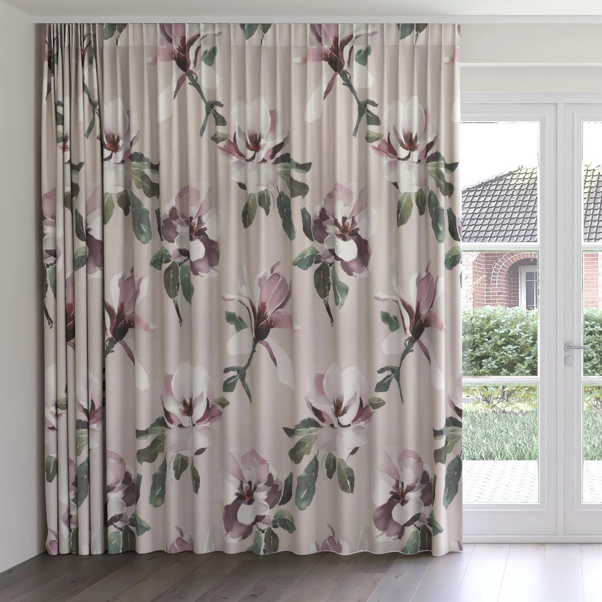 Front view of Magnolia Grandiflora Amethyst, on curtain rail