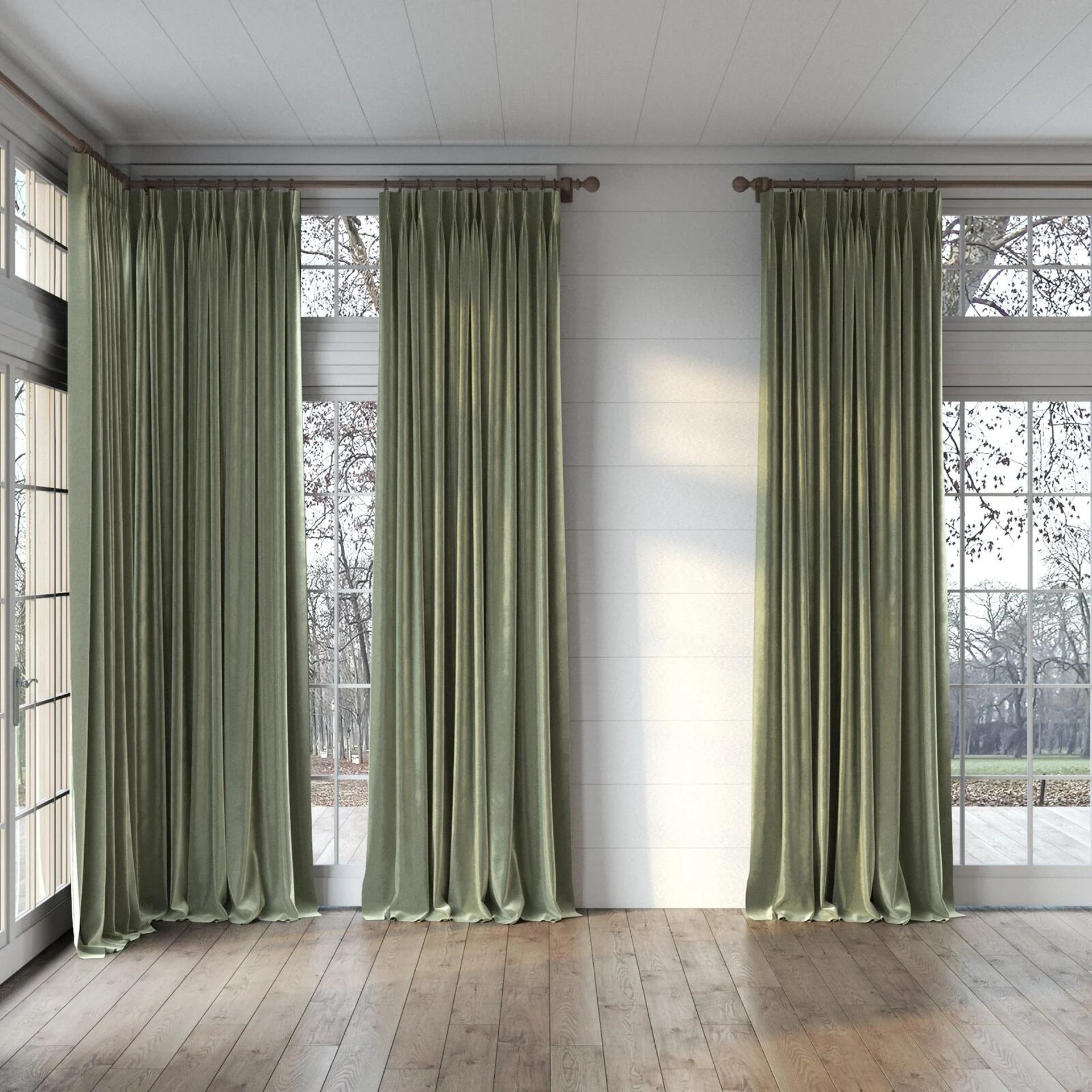 Full view of Velvelux Tarragon, puddled, on curtain rod