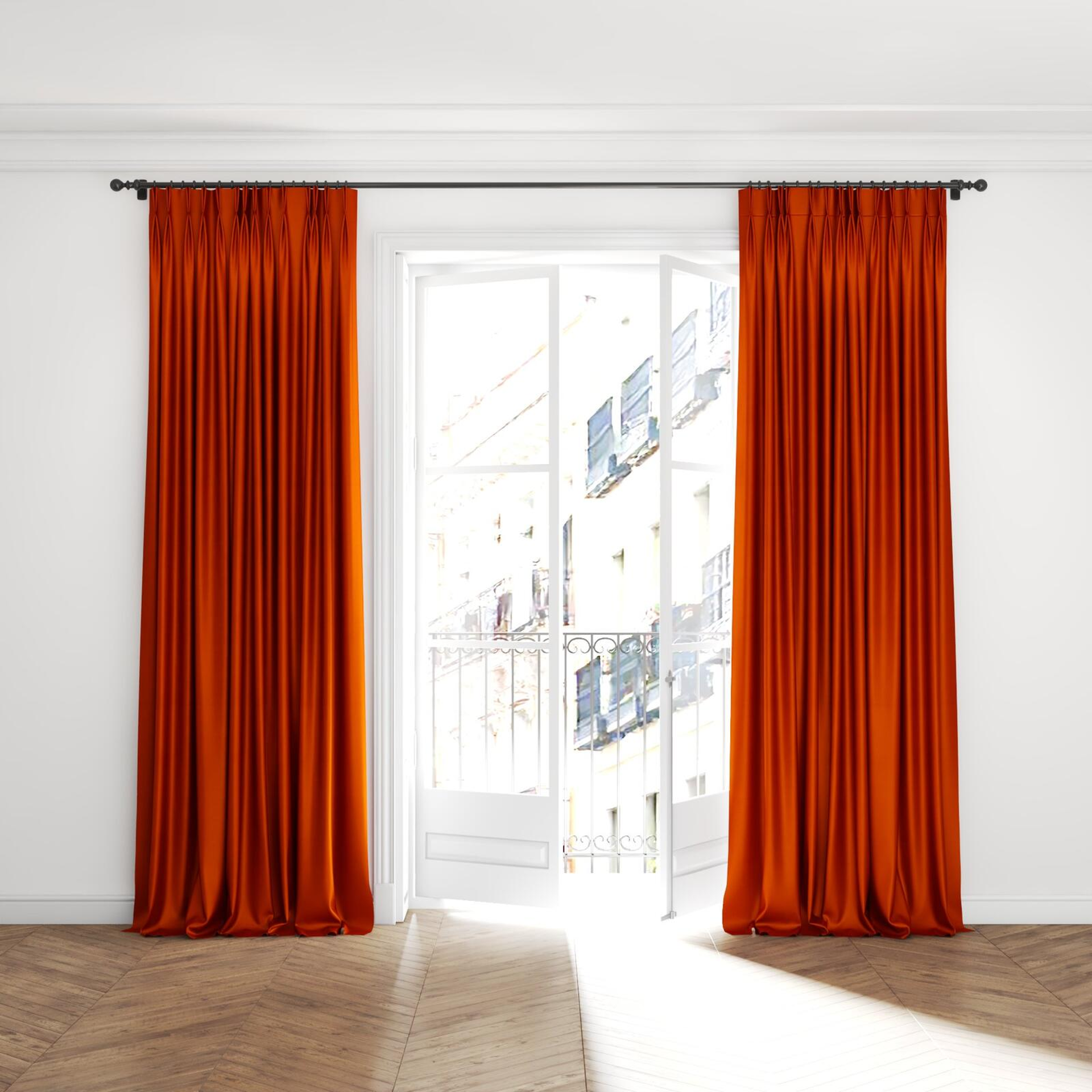 Full view of Mont Blanc Spice, puddled with pinch pleat, on curtain rod