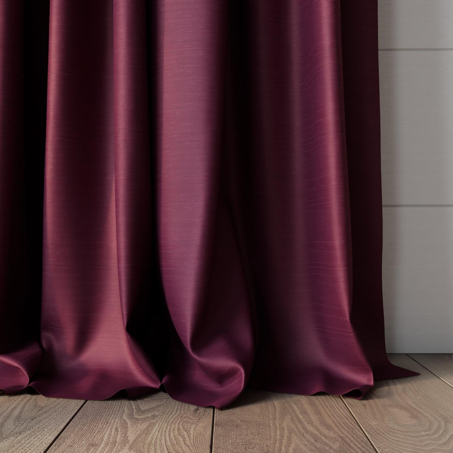 Bottom view of Silky Plum, puddled, on curtain rod