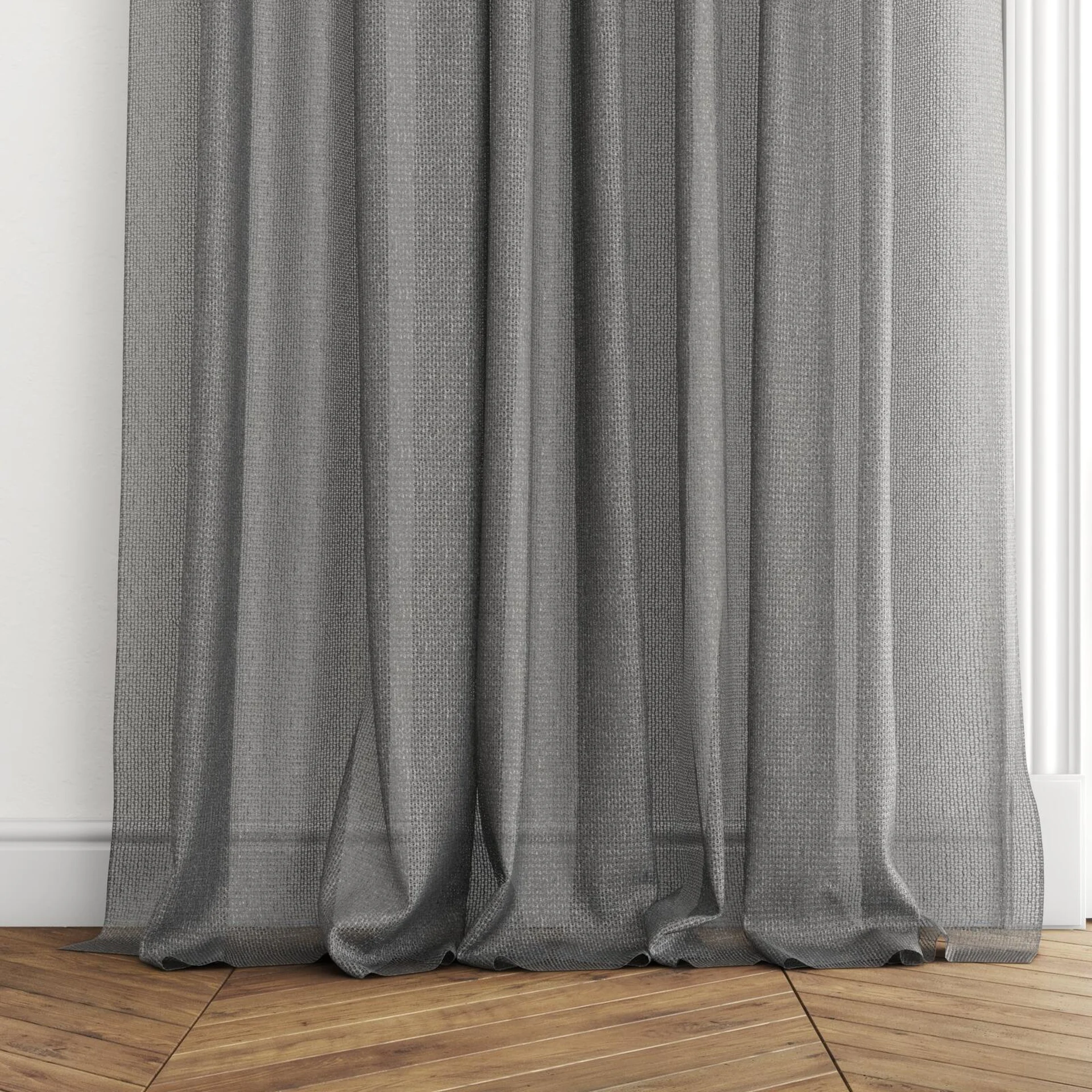 Bottom view of Cosmos Charcoal, puddled with pinch pleat, on curtain rod
