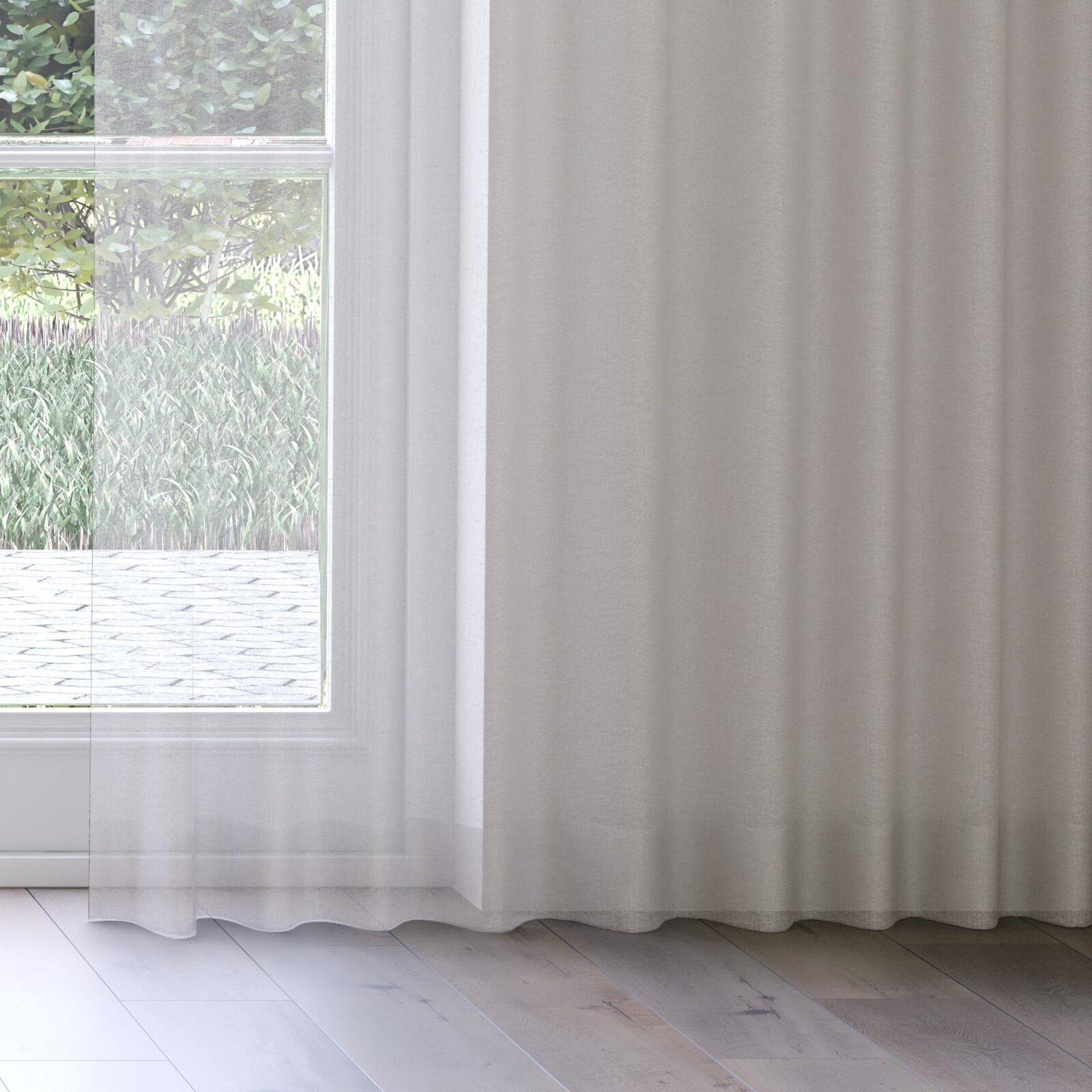 Bottom view of Pure Linen Feather, on curtain rail