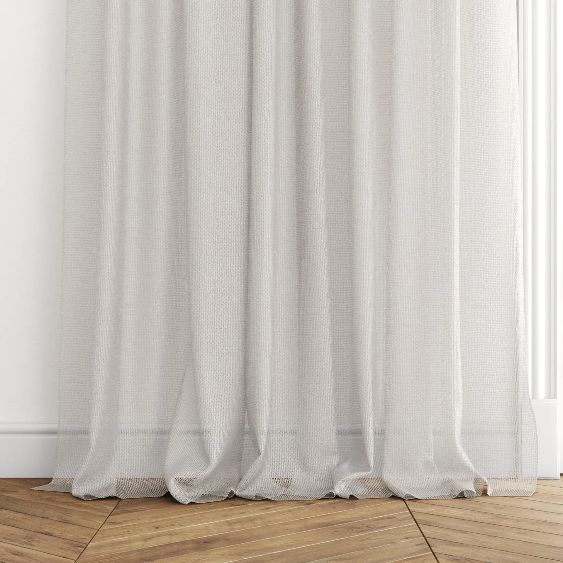 Bottom view of Cosmos Oyster, puddled with pinch pleat, on curtain rod