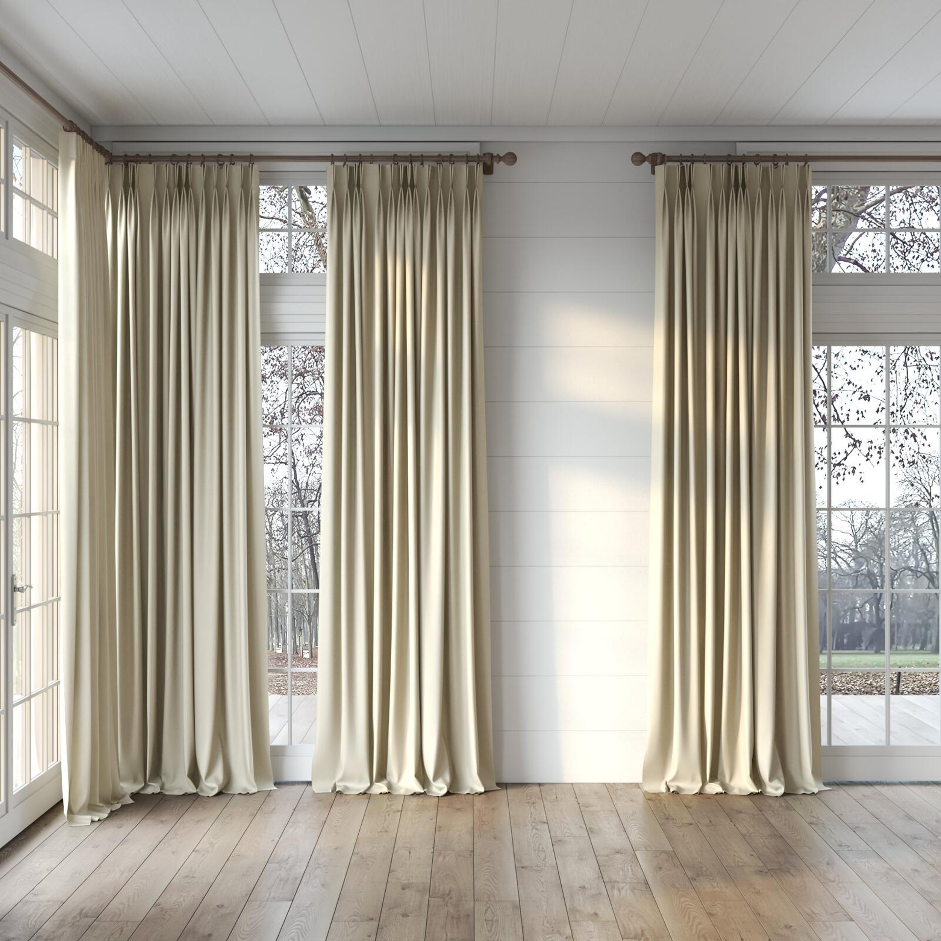 Full view of Kanvas Dune, puddled, on curtain rod